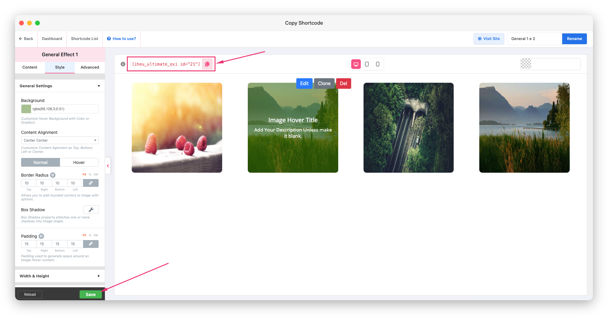 Copying the hover effect shortcode after saving