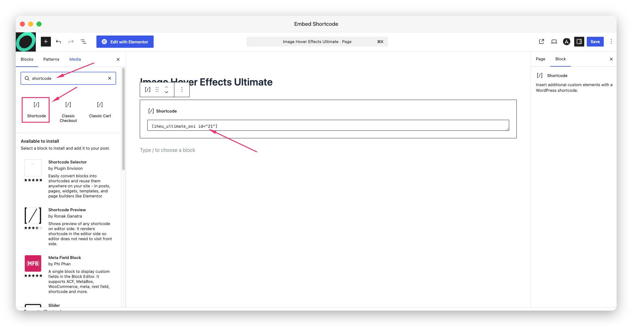 Pasting the hover effect shortcode into a page