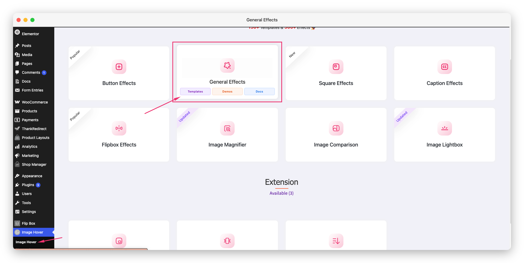 Choosing a hover effect type in the plugin