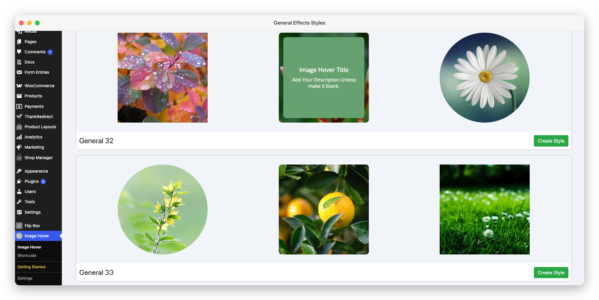 Previewing hover effect layouts and styles