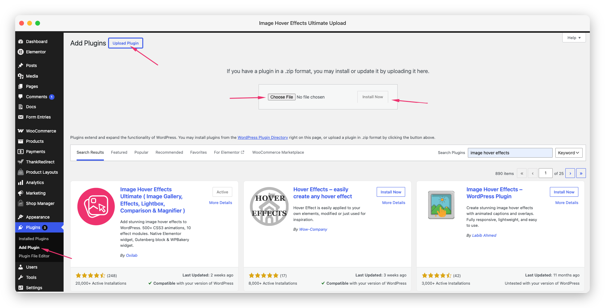 Uploading the Image Hover Effects Ultimate ZIP file