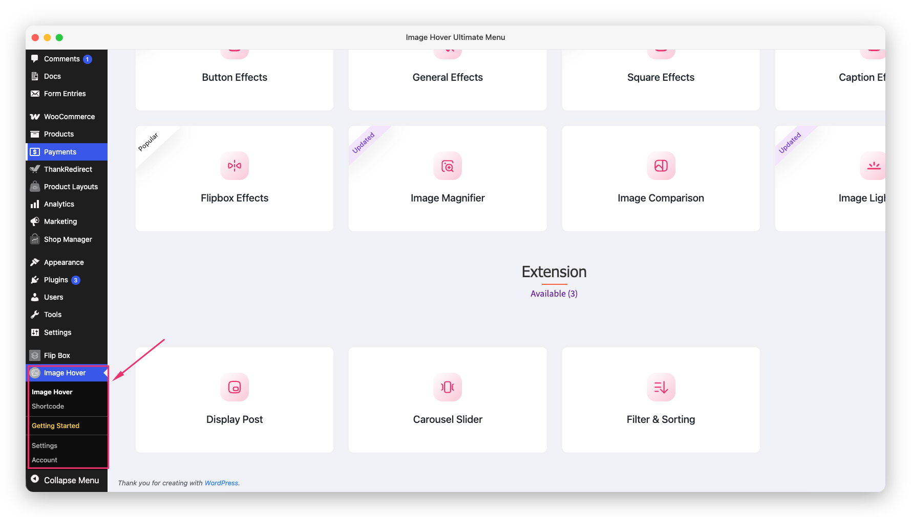 Image Hover menu in the WordPress dashboard sidebar