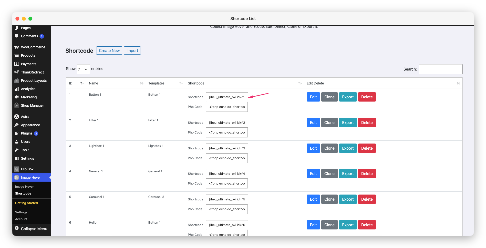 Image Hover Effects shortcode shown next to each style in the list