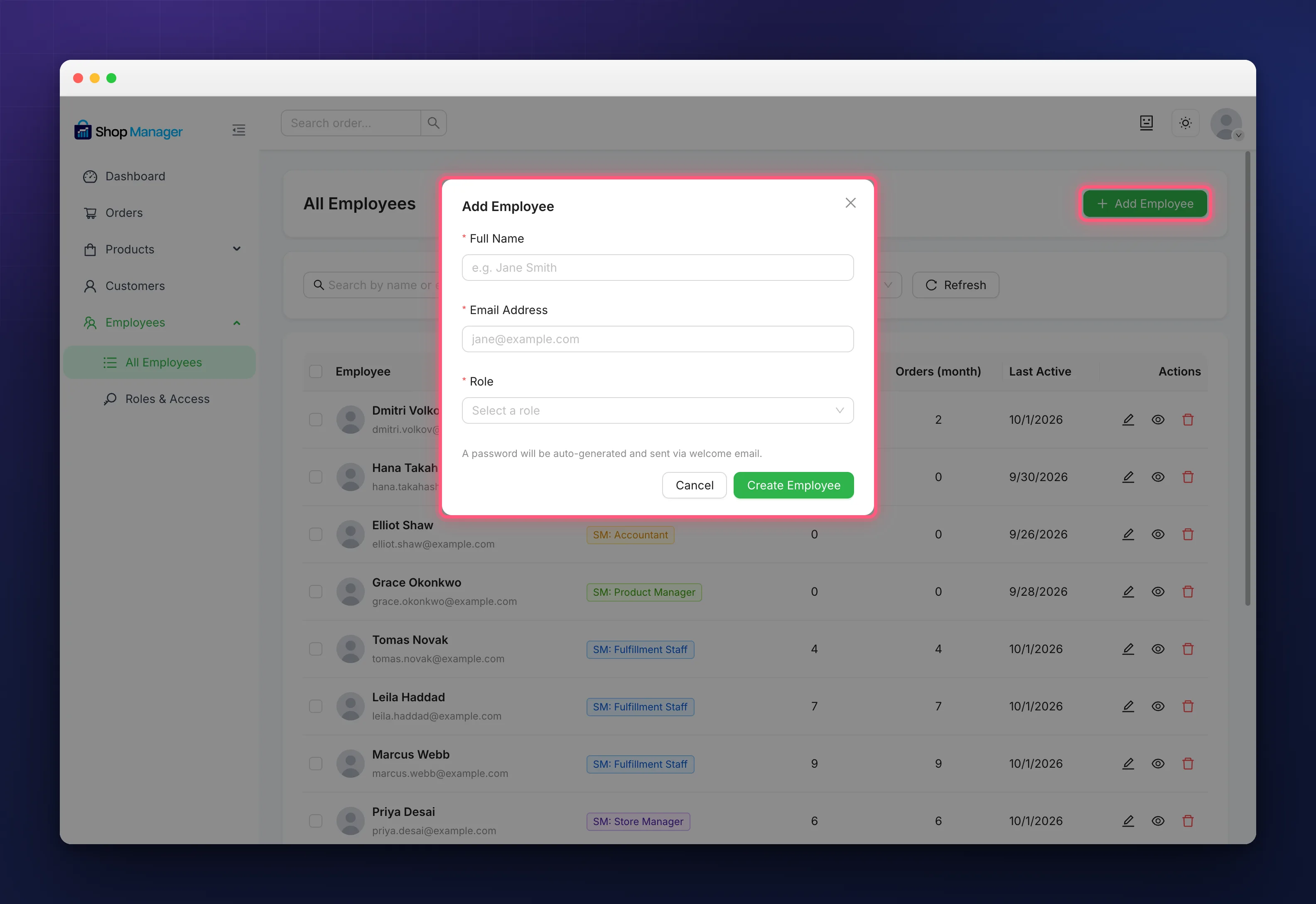 The form used to add employees, with name, email and role