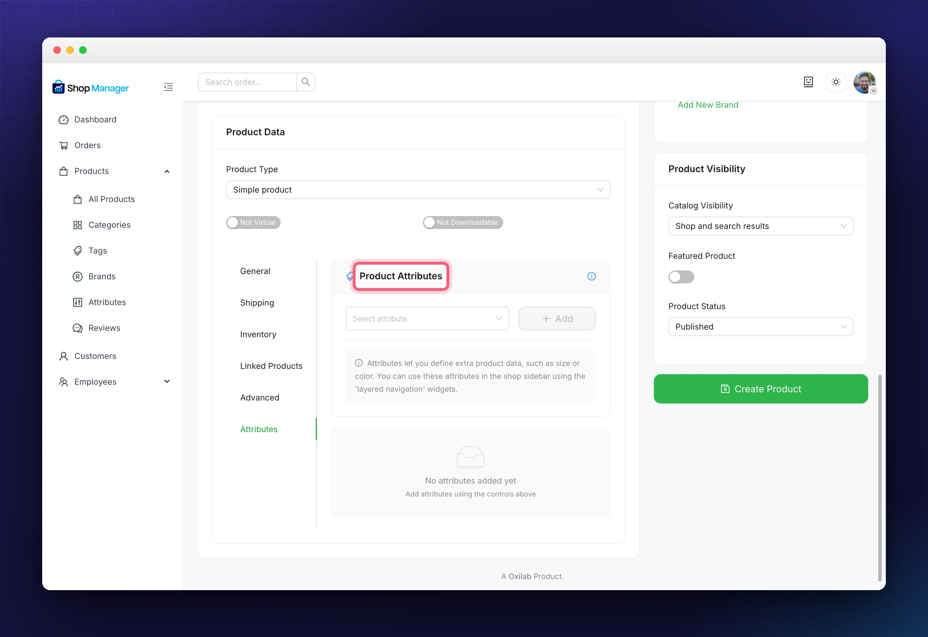 The Attributes tab of the product form