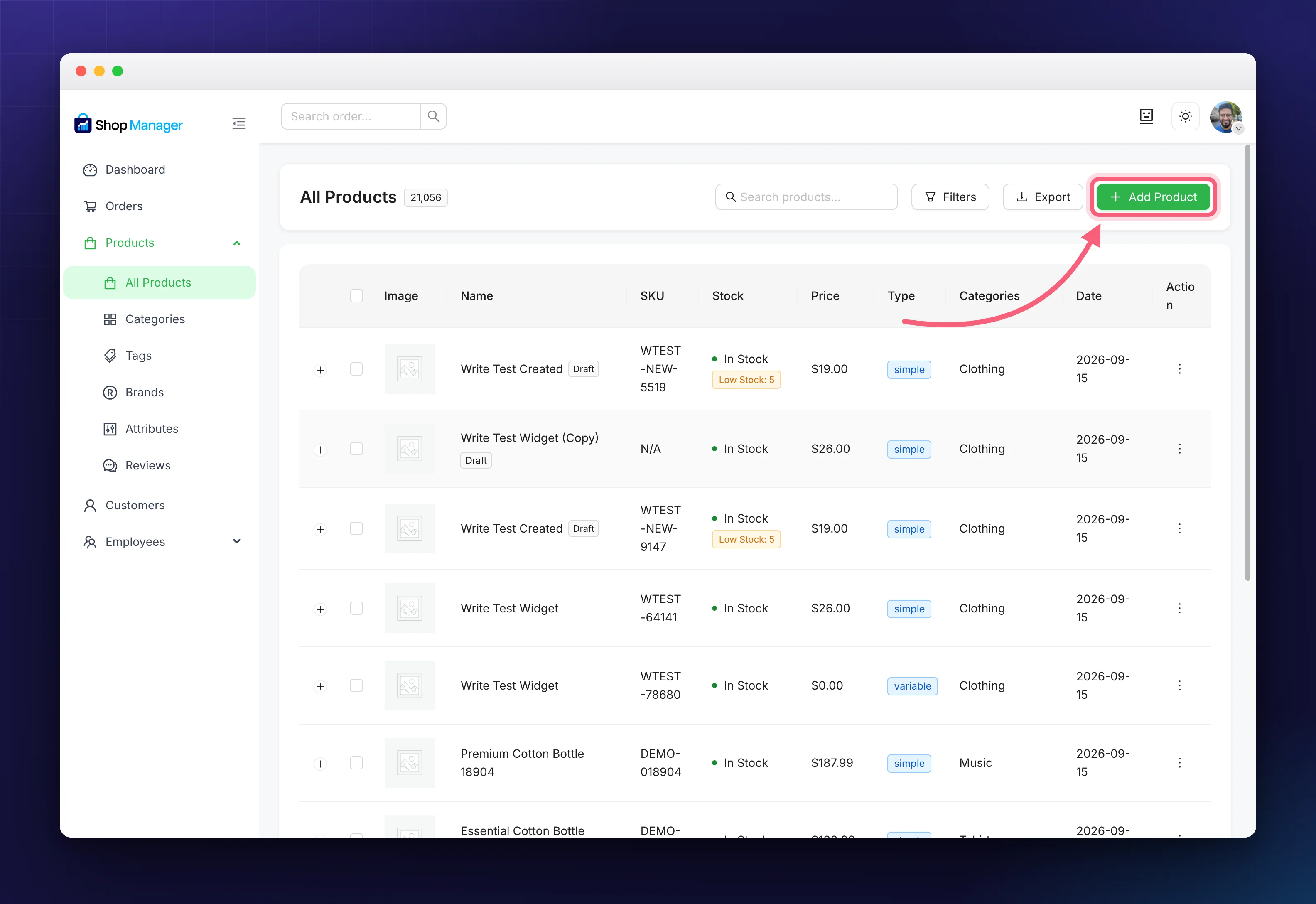 The Add Product button on the All Products list
