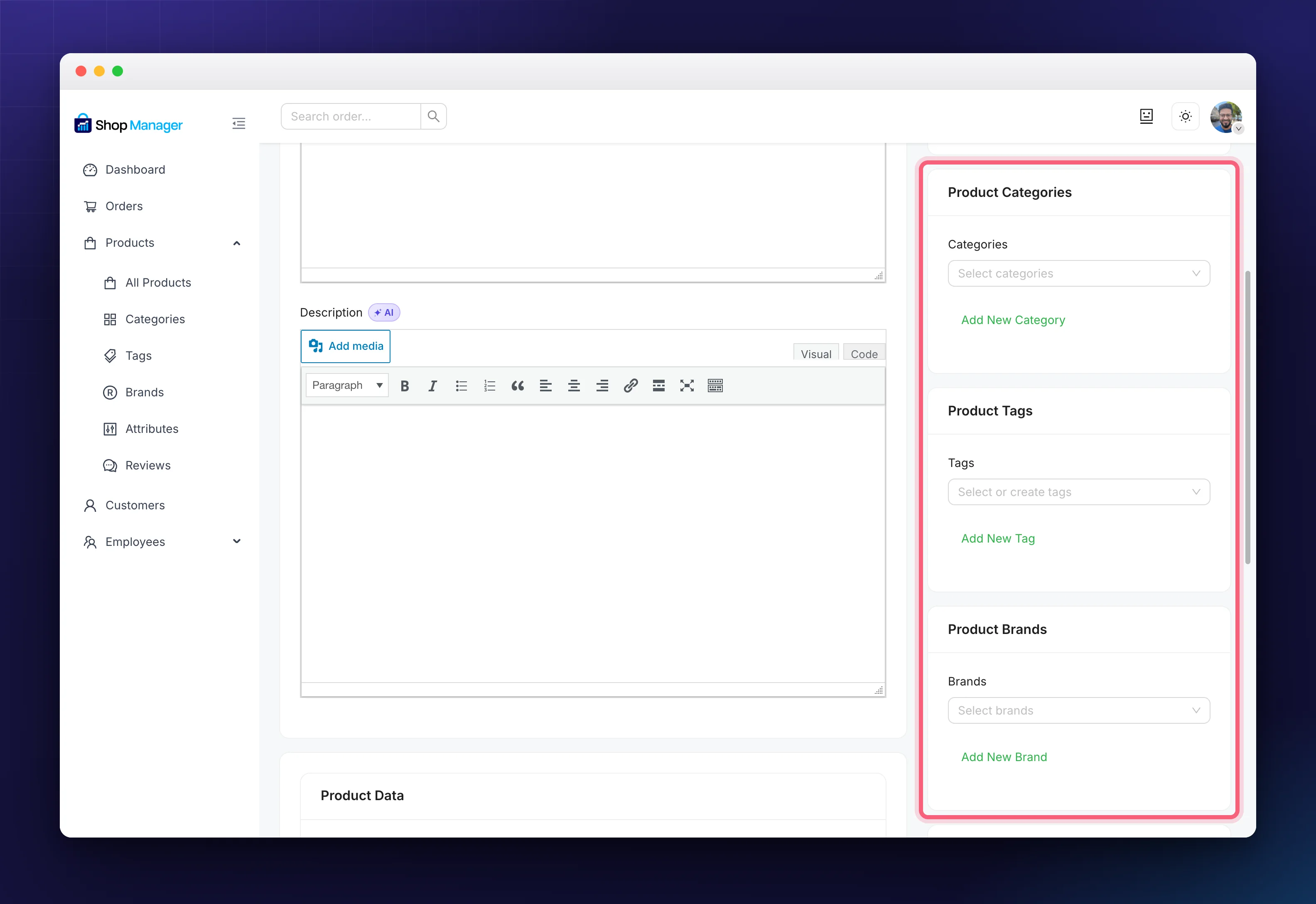 Categories, tags and brands in the sidebar