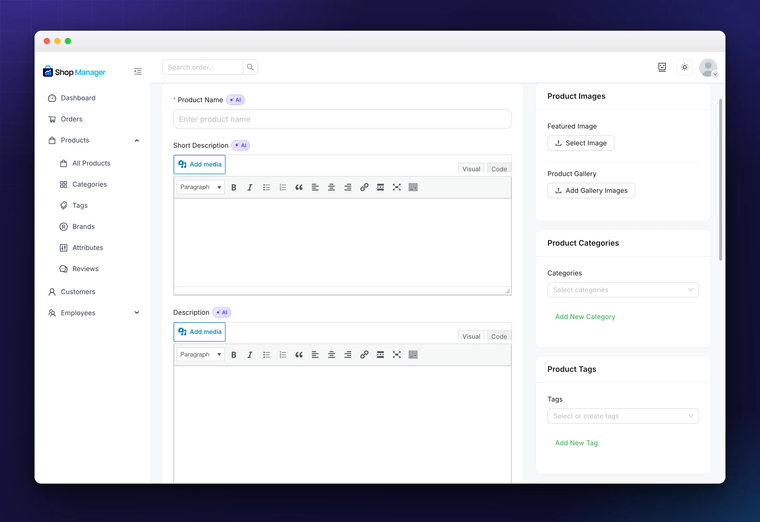 Product name and description fields on the product form