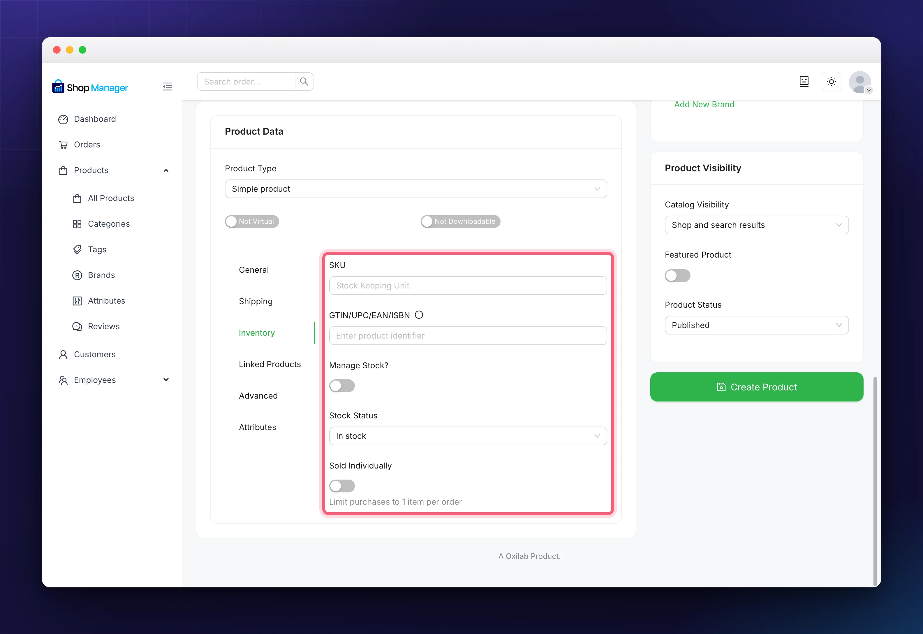 SKU, Manage Stock and Stock Status on the Inventory tab