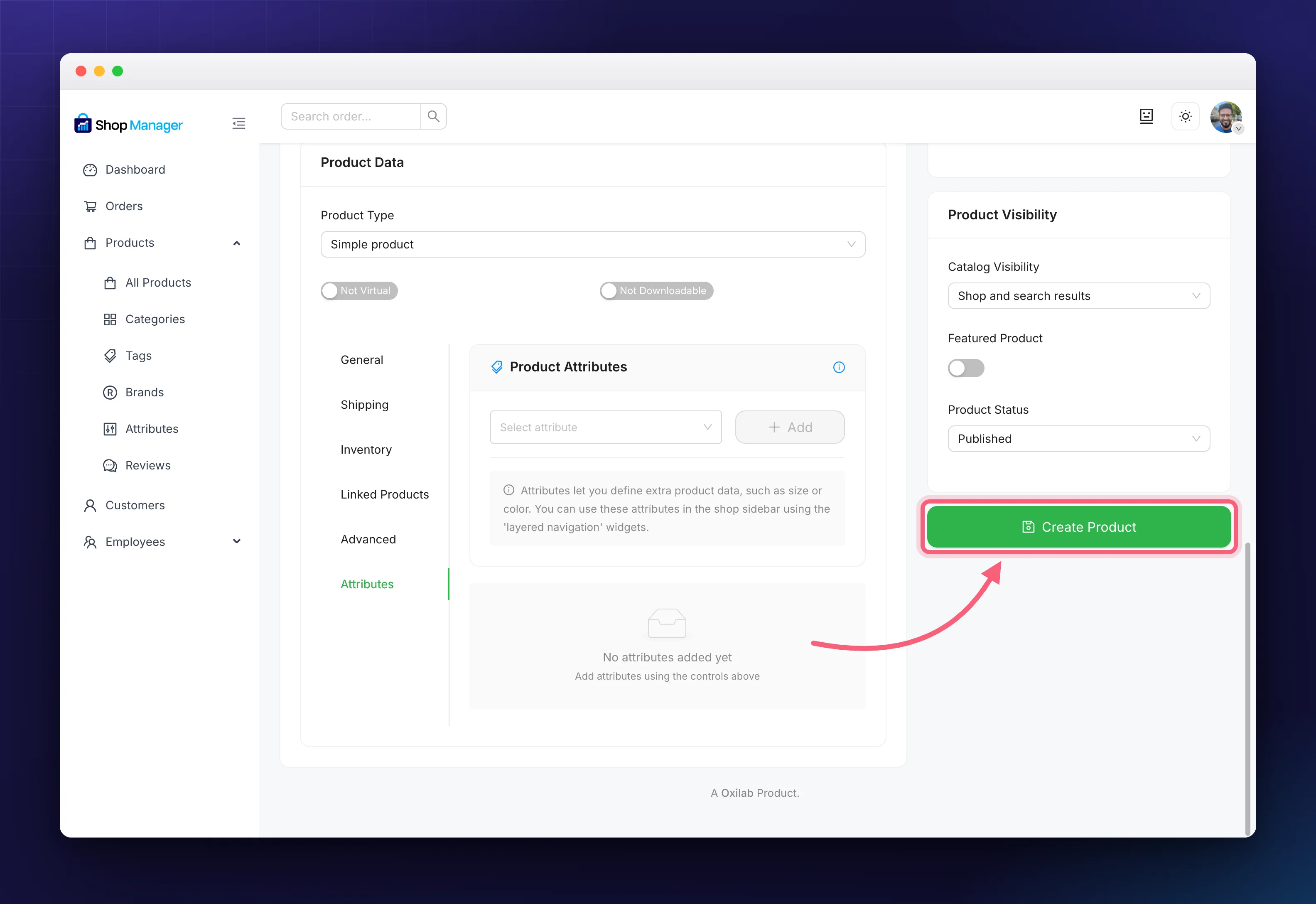 The Create Product button