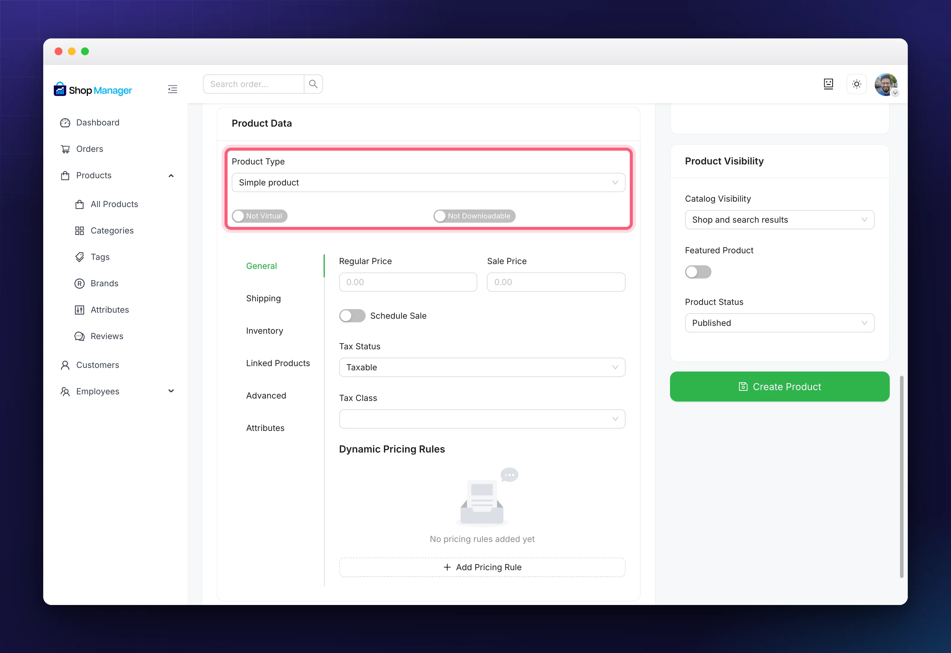 Product type selector and the Virtual and Downloadable toggles