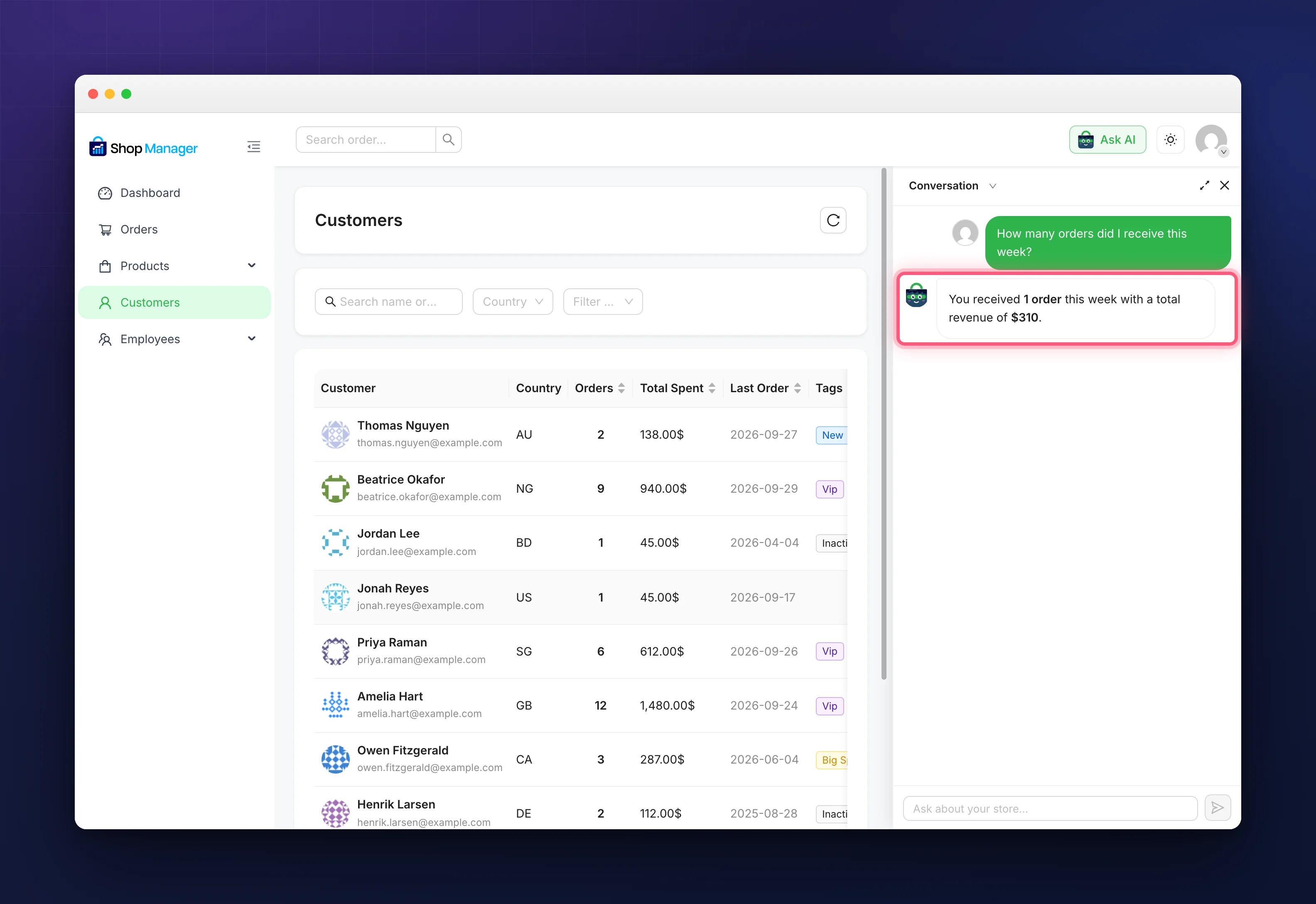 A short answer from the WooCommerce AI assistant to a question about this week's orders