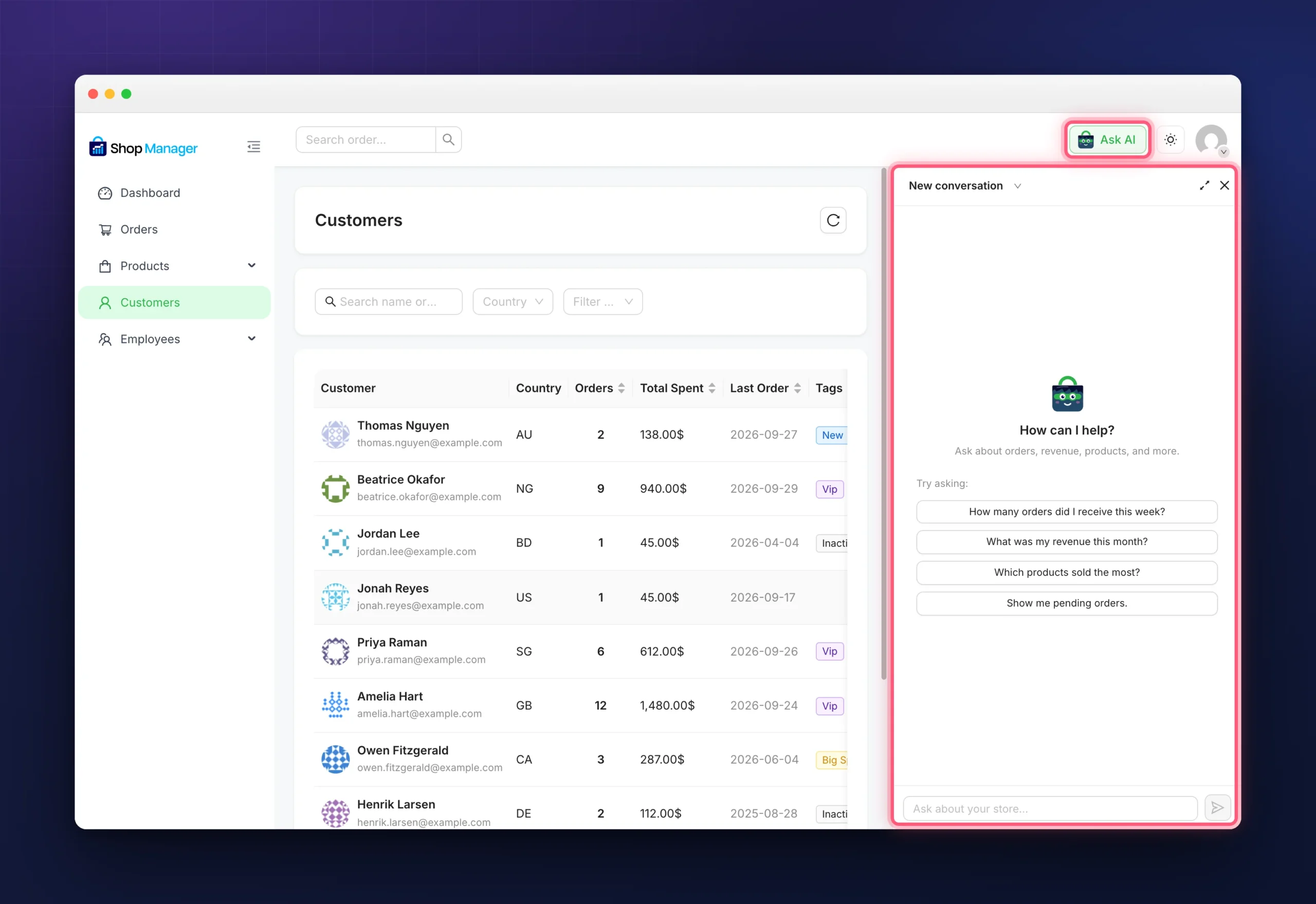 The WooCommerce AI assistant panel open from the dashboard header, showing its suggested questions