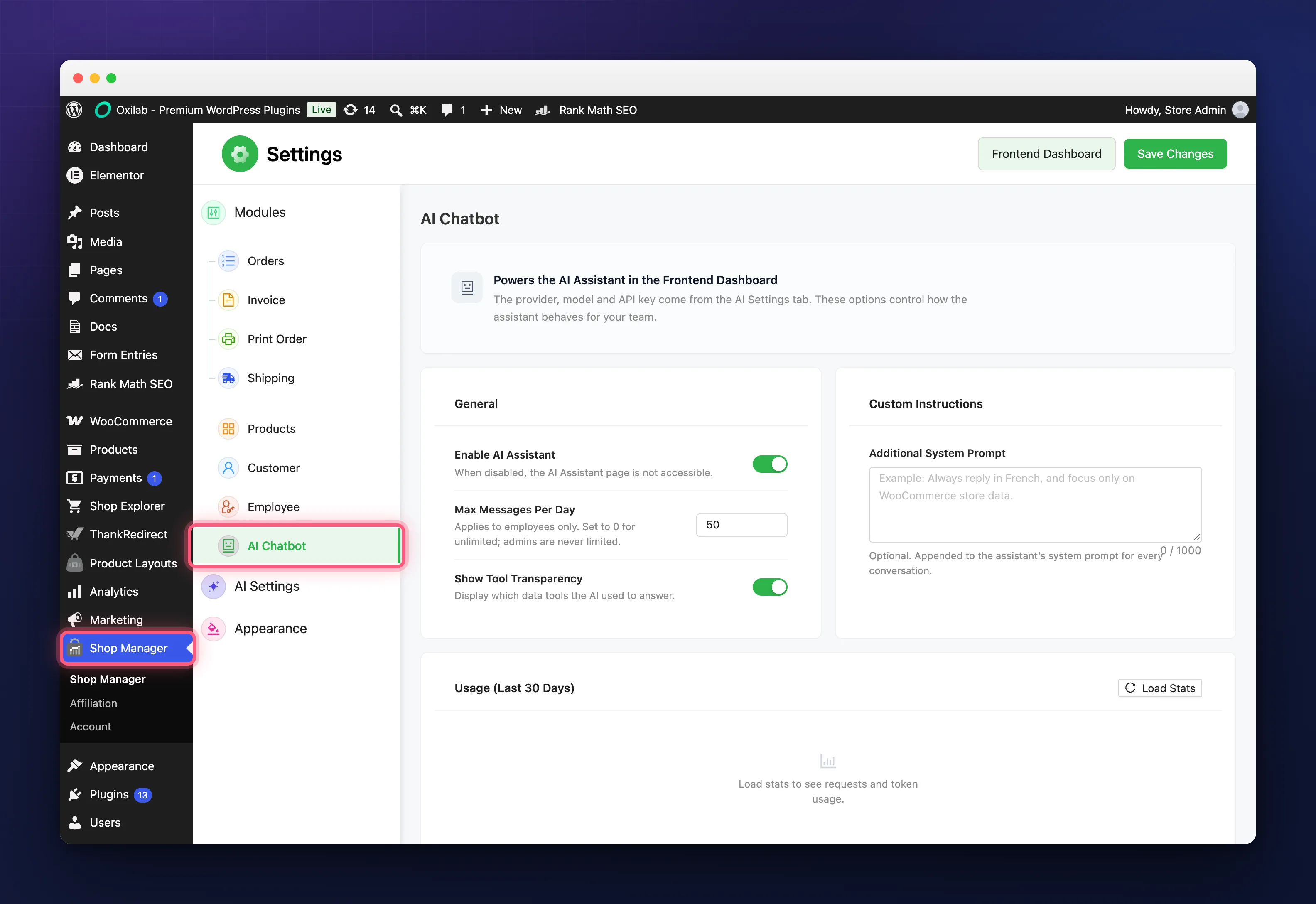 The AI Chatbot settings tab with the enable switch, daily limit, tool transparency, custom instructions and usage