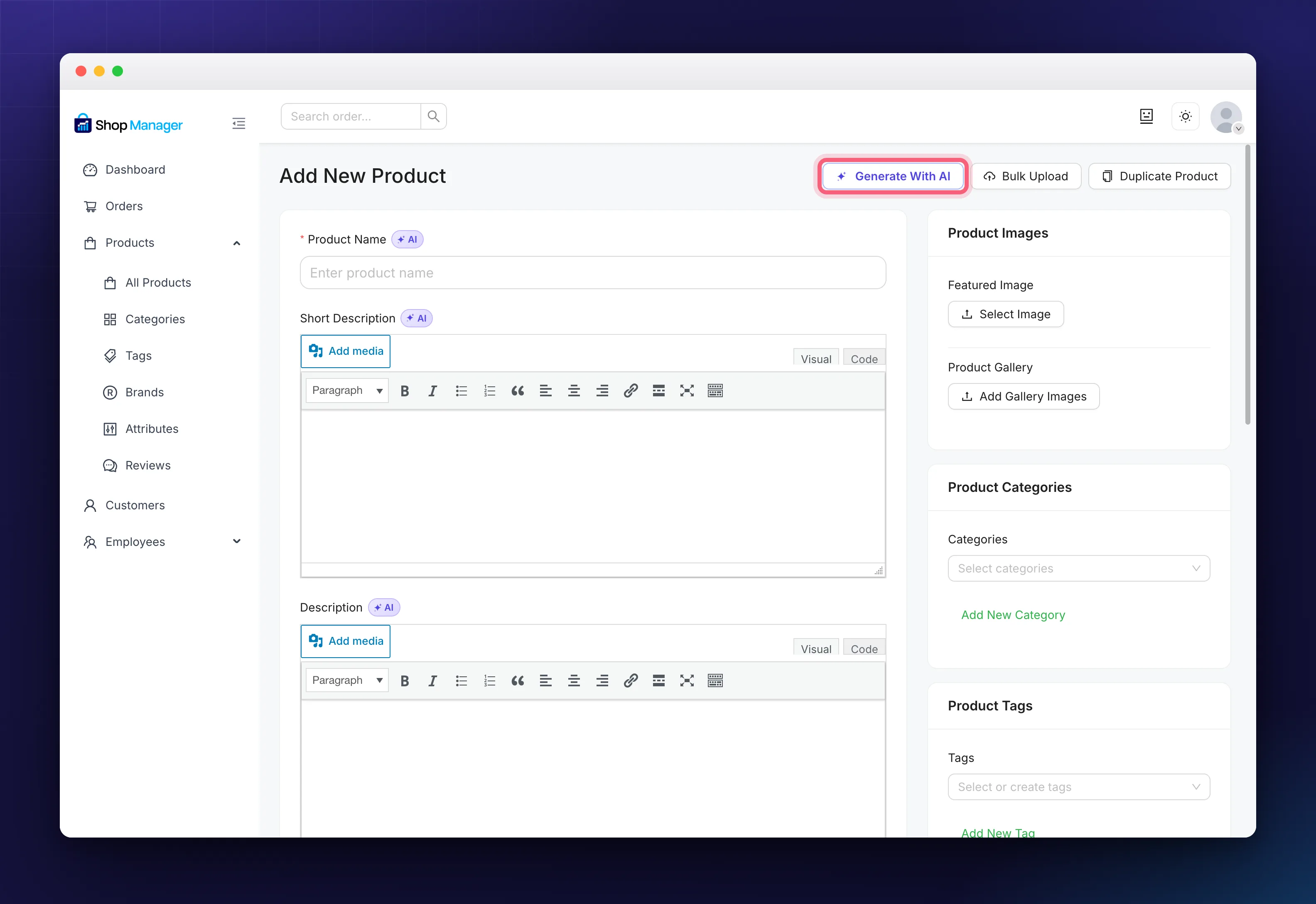 The Generate With AI button on the product form