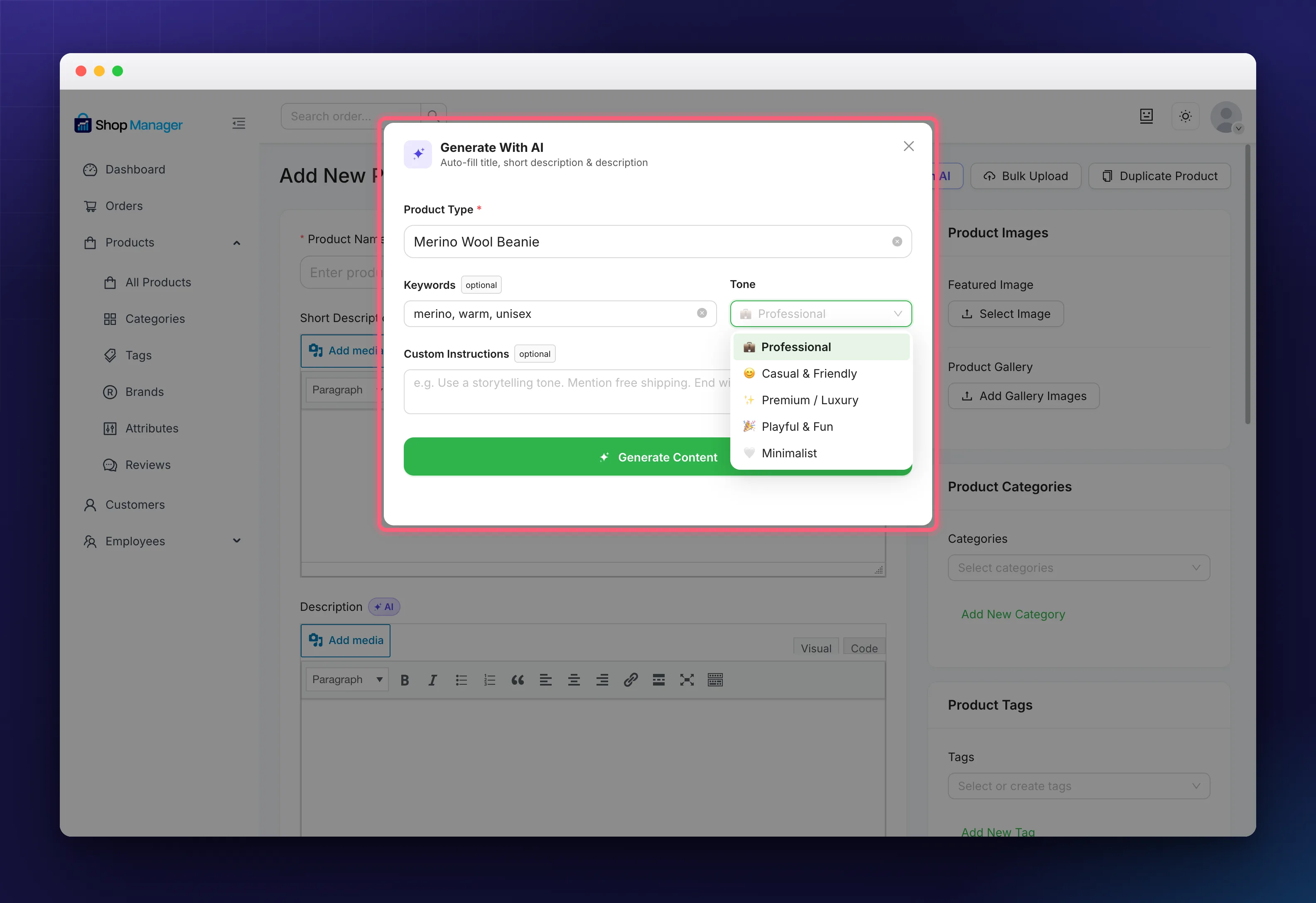 The Generate With AI window with its product type, keywords and tone fields