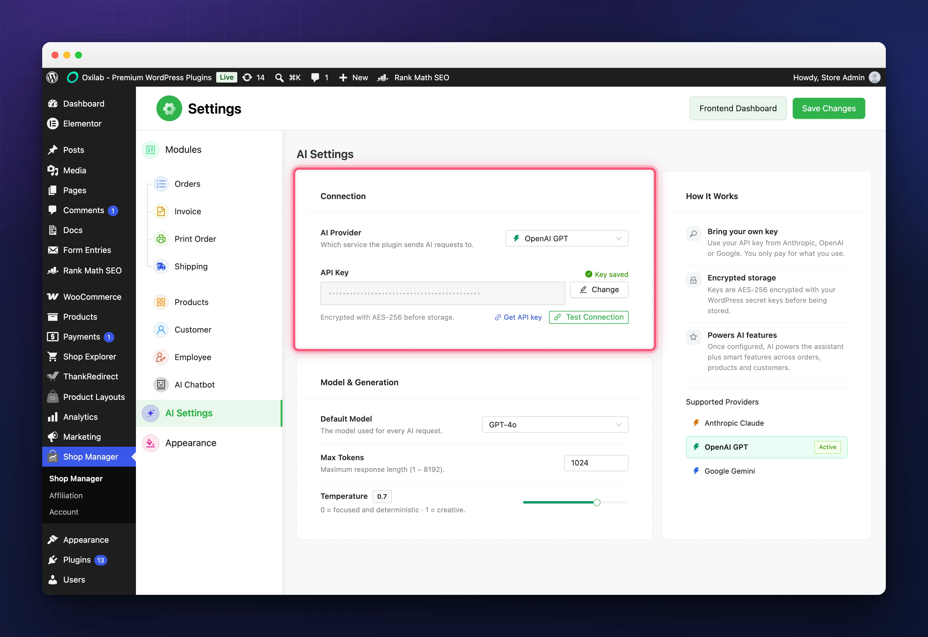 The Connection card: AI Provider, the saved API key with its Change button, Get API key and Test Connection
