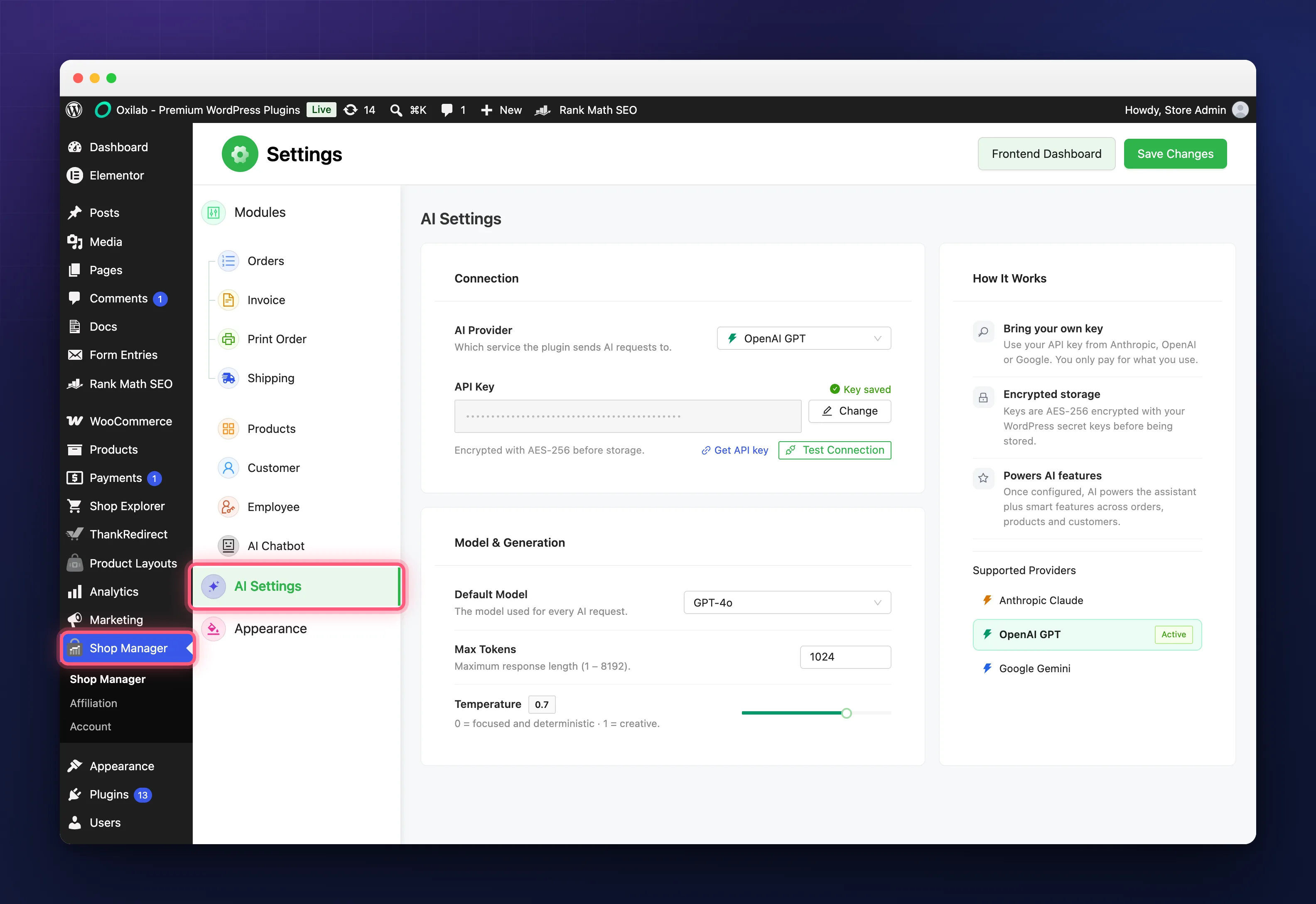 The AI settings screen with the provider, API key and Test Connection controls