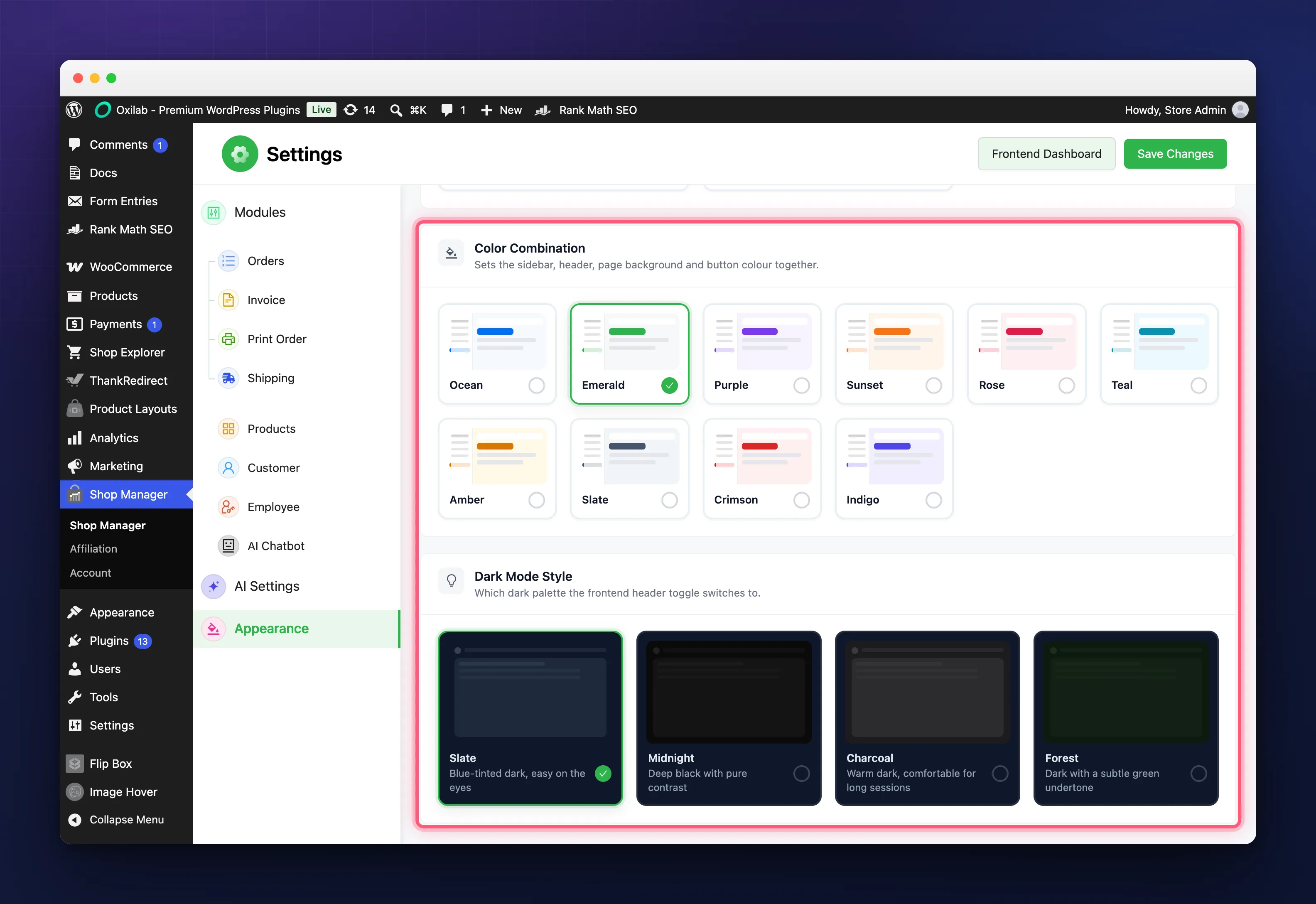 The ten colour combinations and four dark mode styles in the dashboard appearance settings