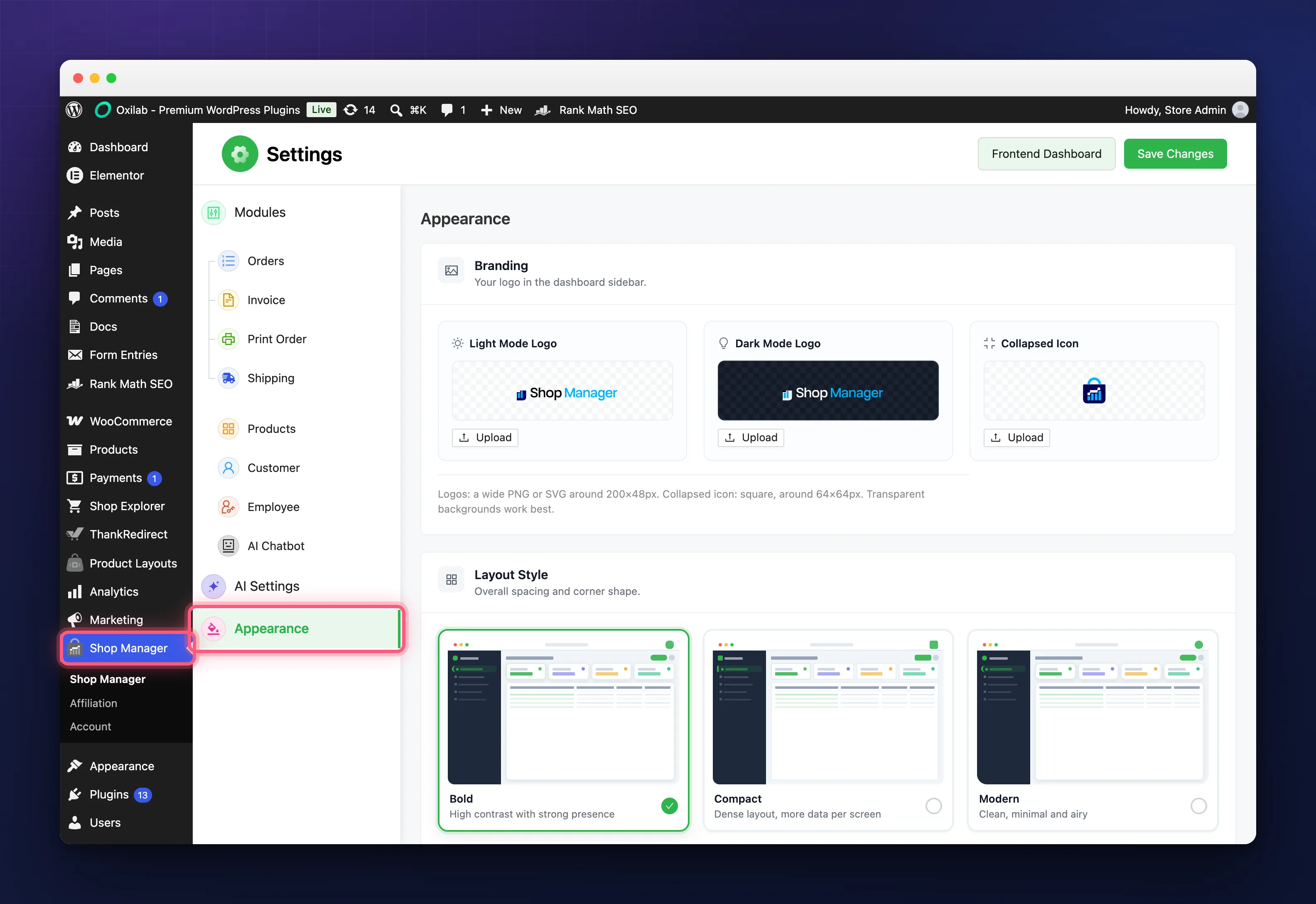 The dashboard appearance tab with its Branding section and the five Layout Style tiles