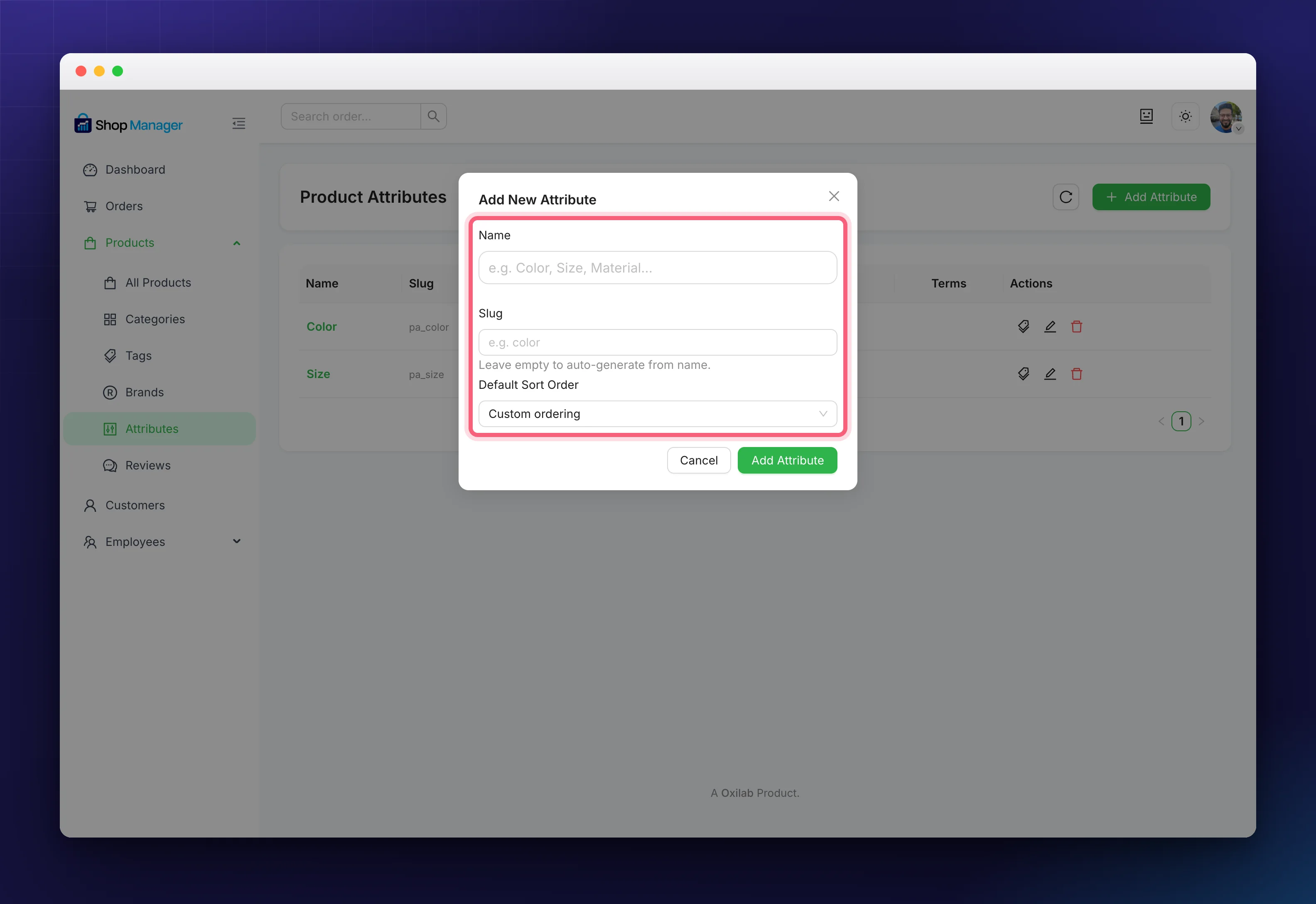 Name, Slug and Default Sort Order fields in the new attribute dialog