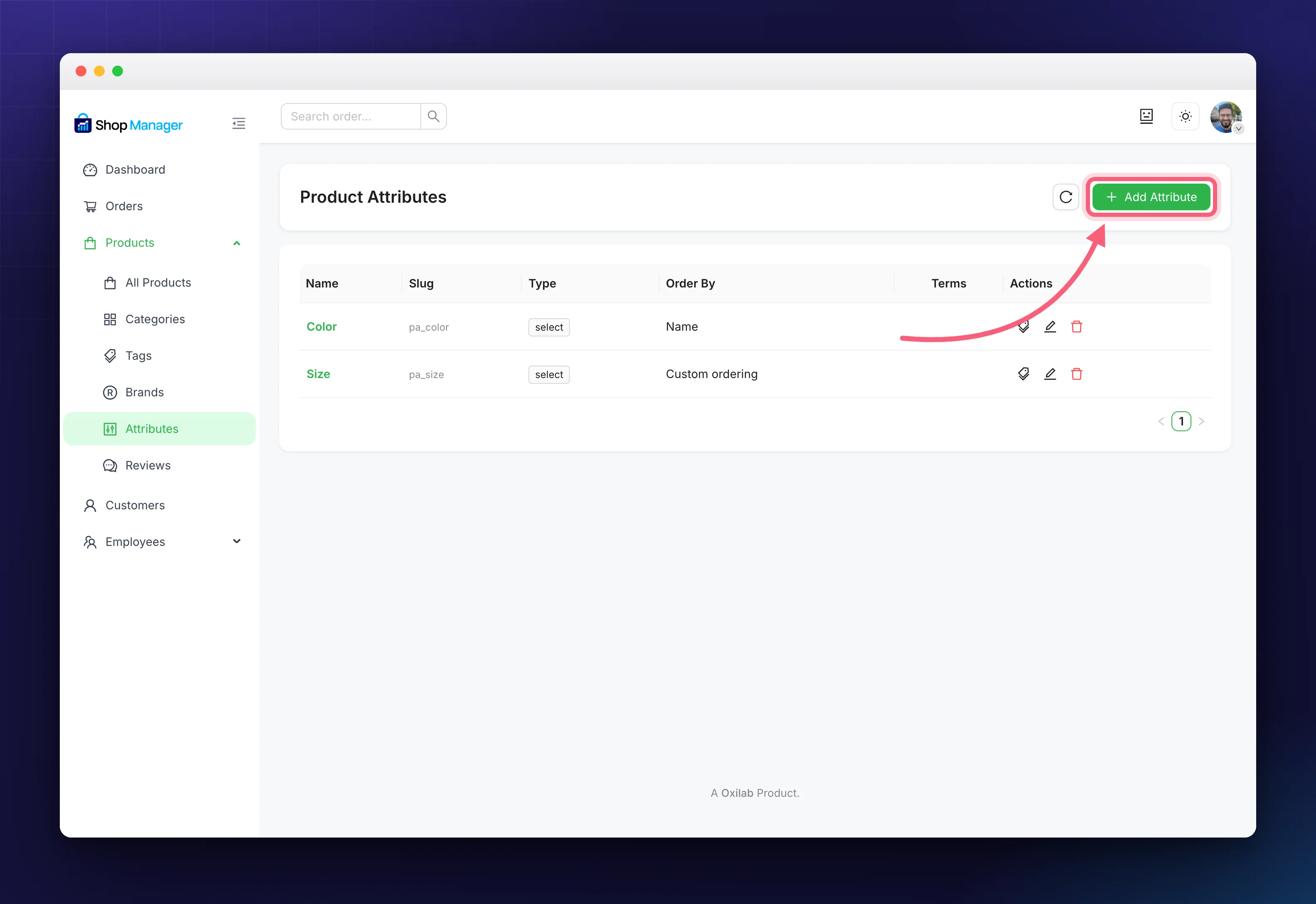 The Attributes page where you manage your global attributes