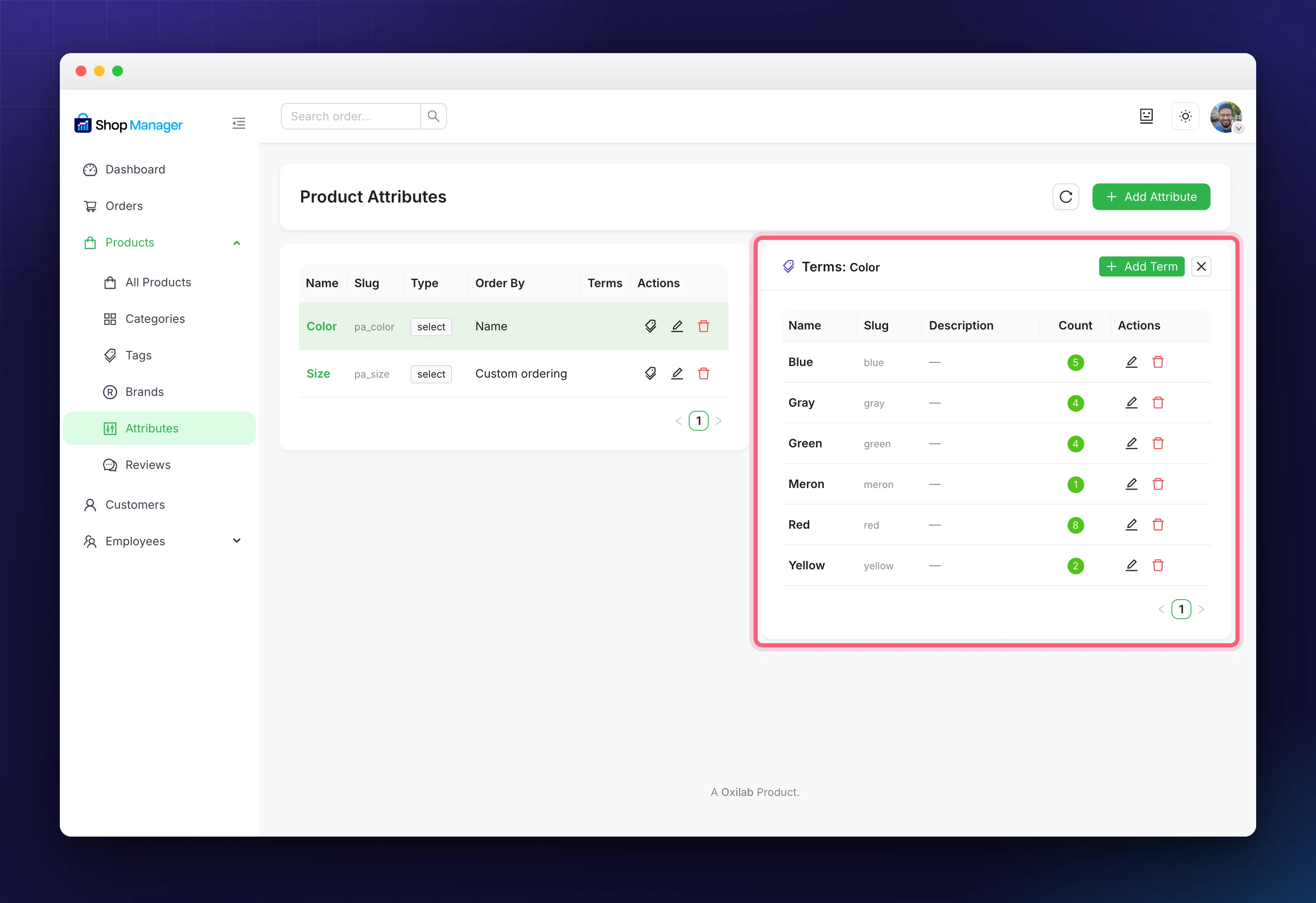 The Terms panel listing the values of a single attribute