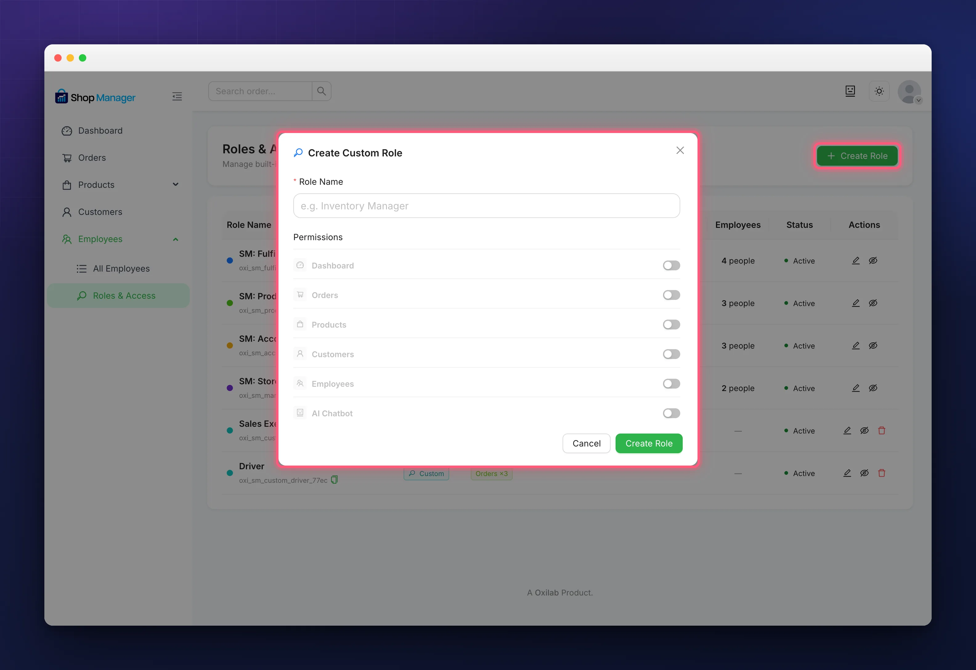The form for creating custom employee roles, with a name field and the permission groups