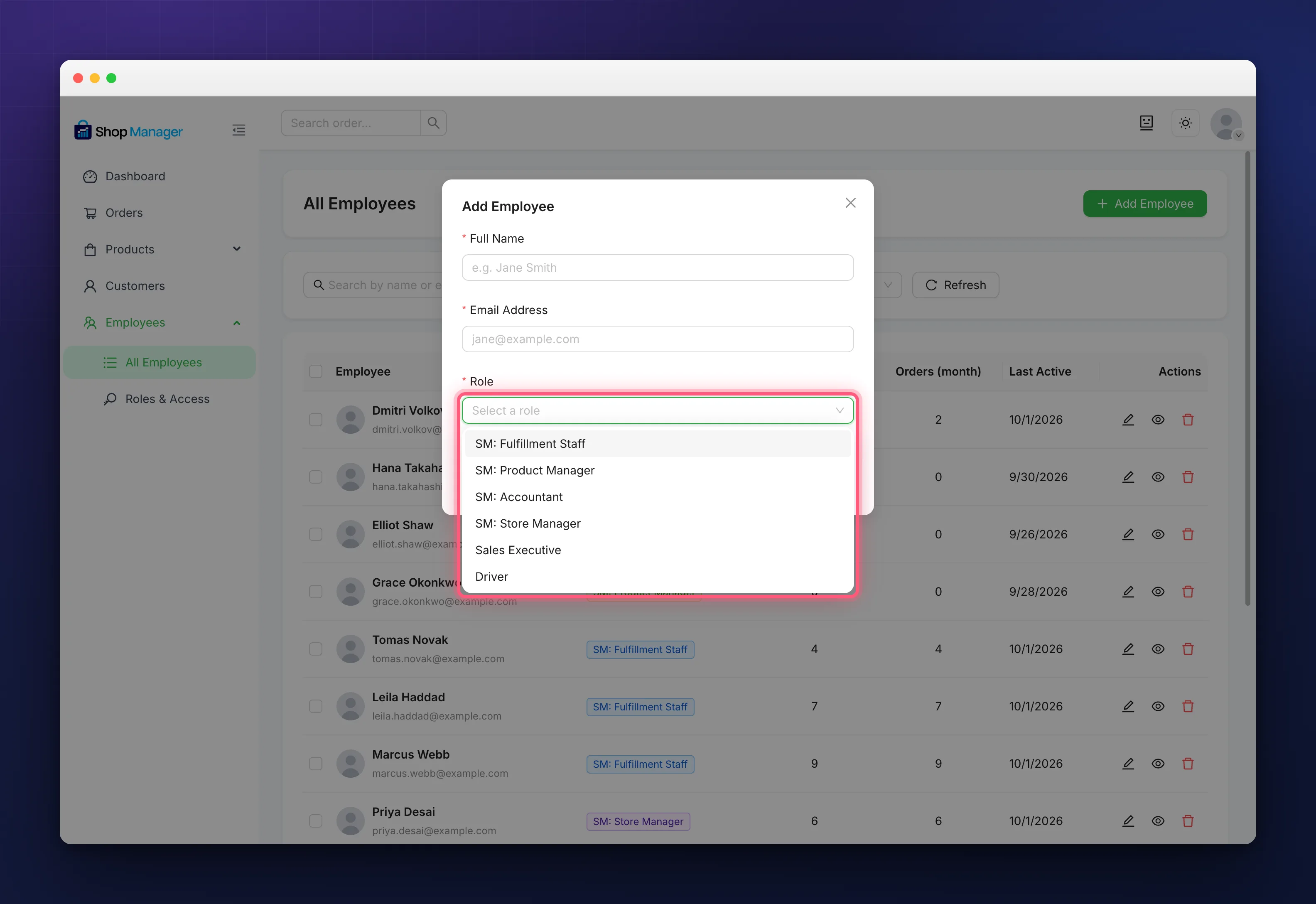 The Role dropdown on the add employee form listing custom roles beside the built-in ones