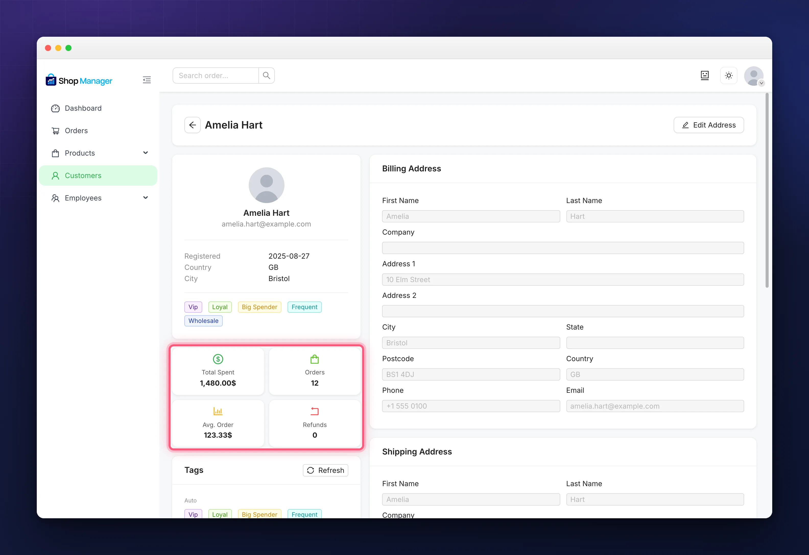 A customer profile showing spend, orders, average order and refunds
