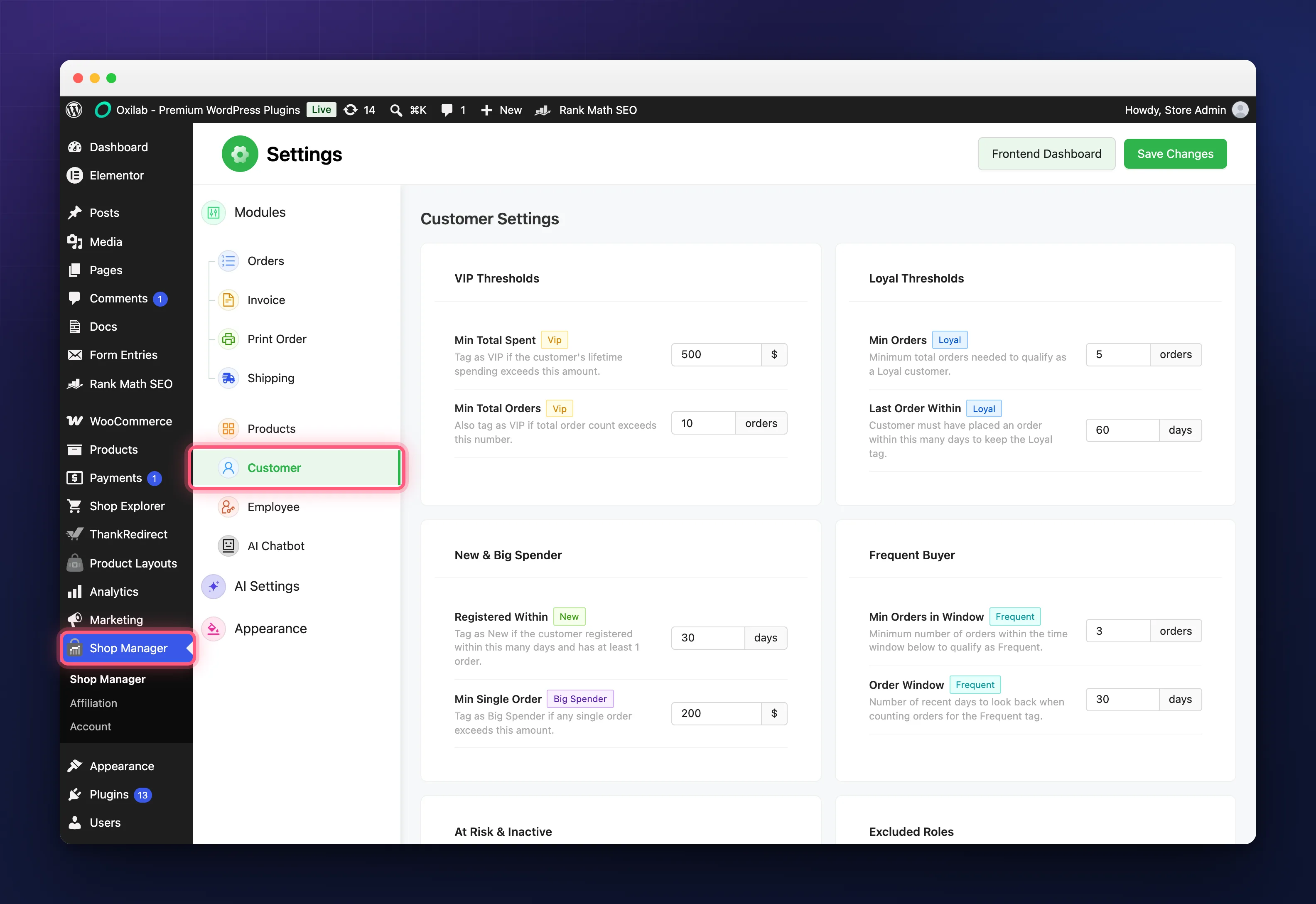 Automatic customer segmentation thresholds for the VIP, Loyal, New, Big Spender and Frequent tags