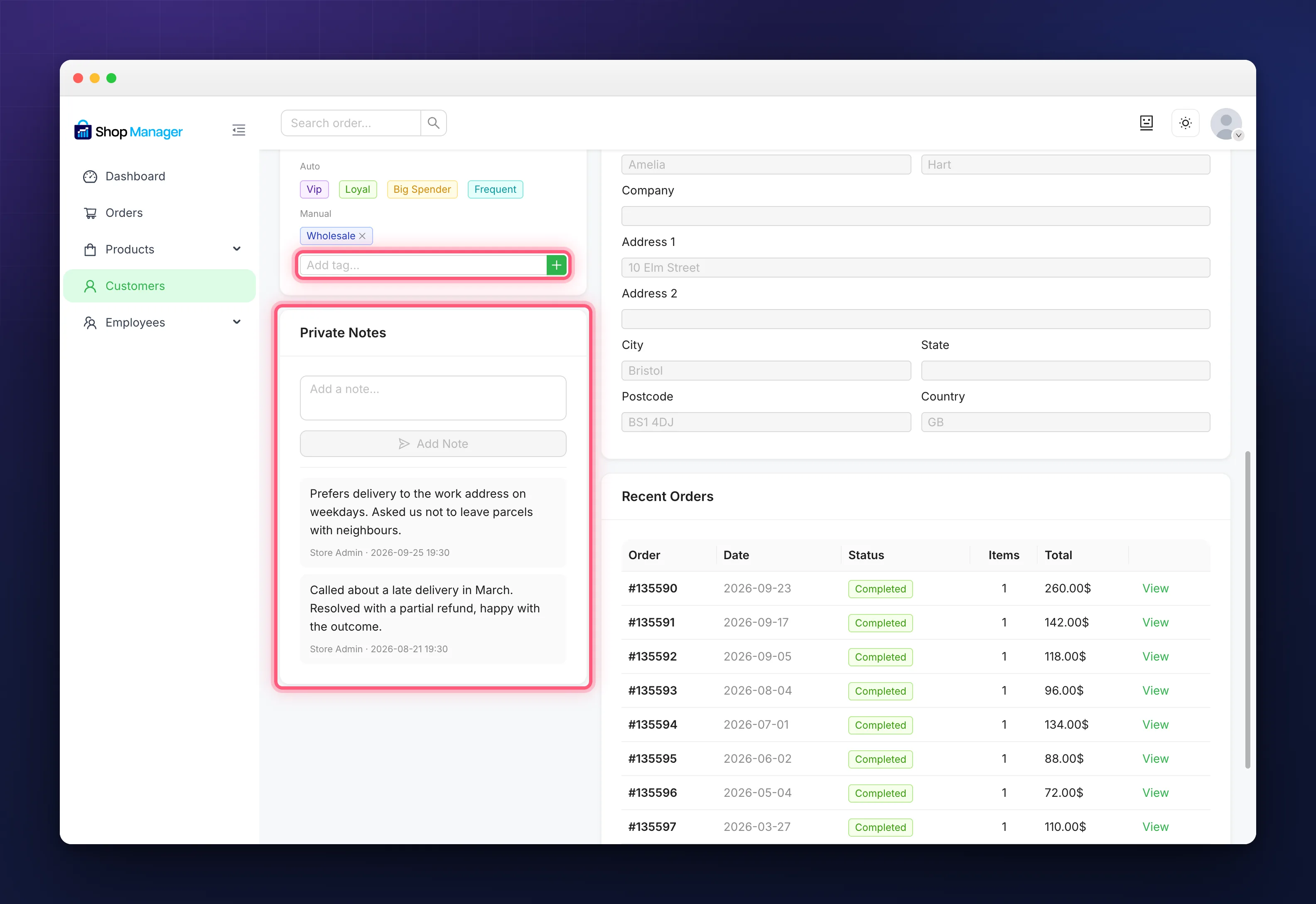 The automatic and manual tag panels beside the private notes on a customer profile