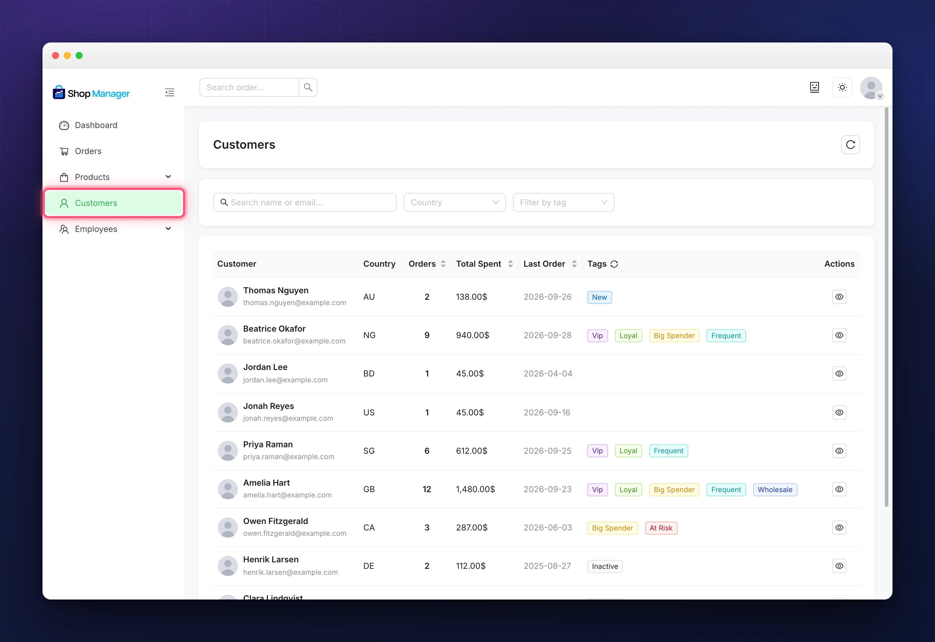 The WooCommerce customer management list with spend, order counts and tags