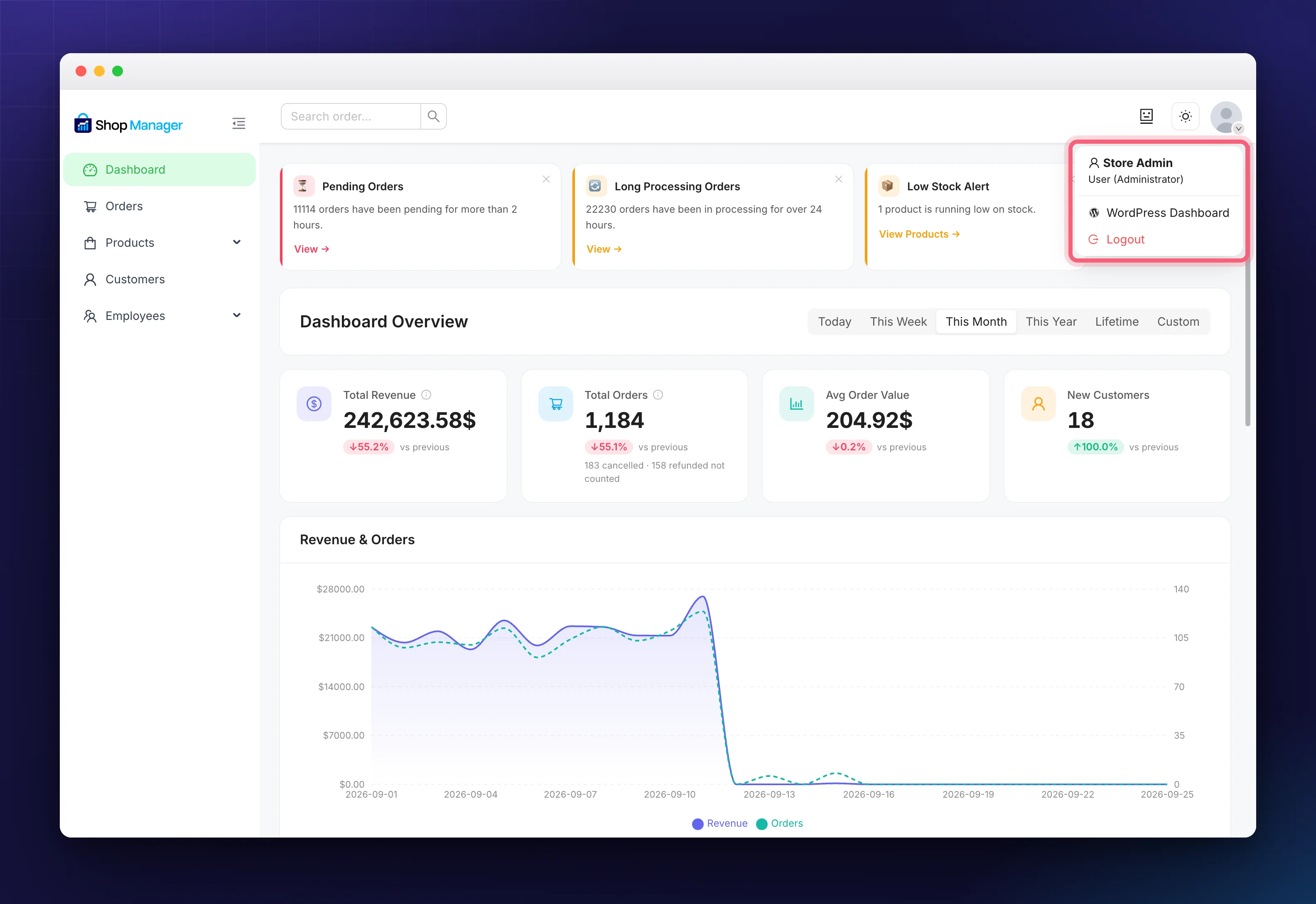 The account menu in the Shop Manager dashboard header