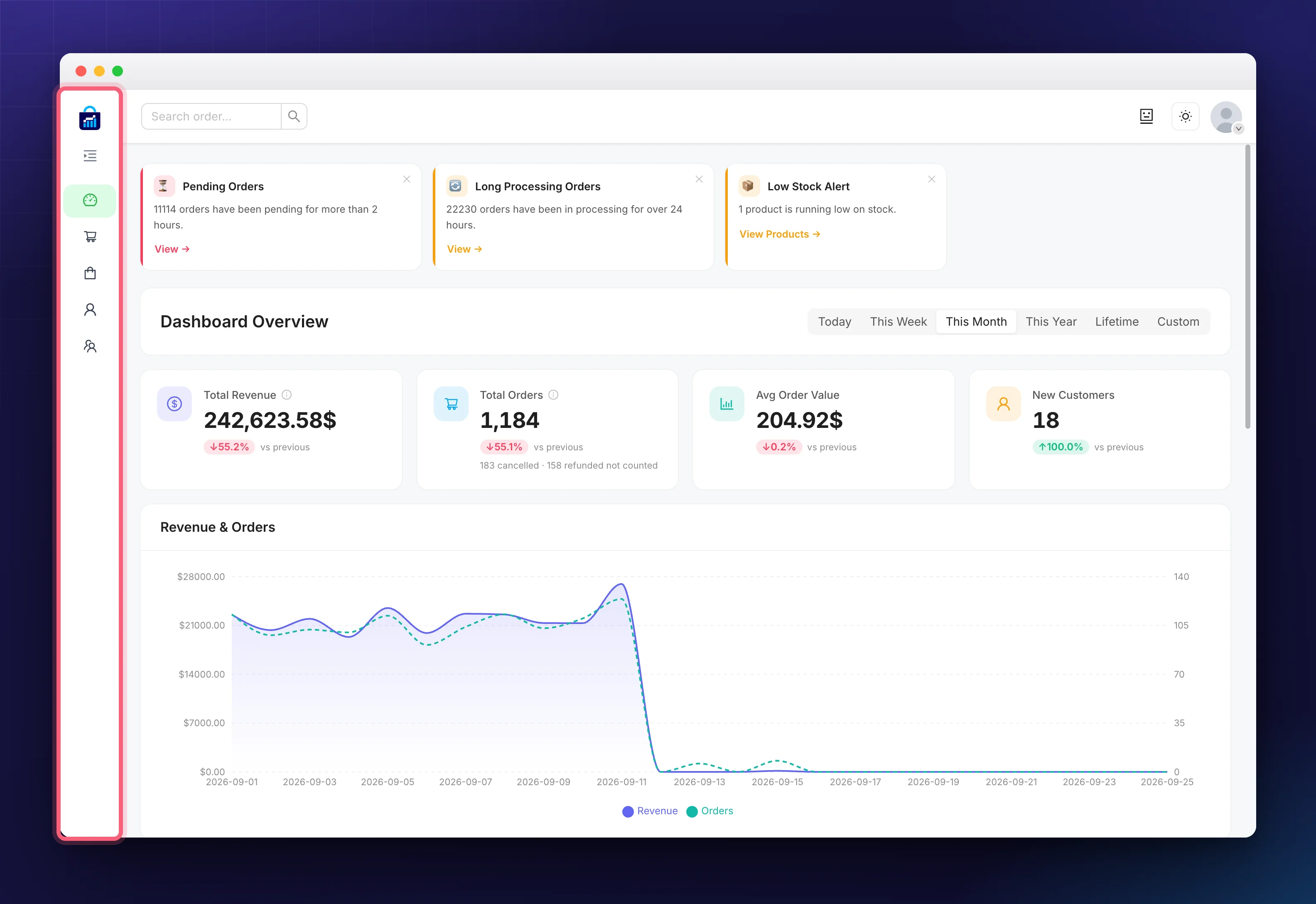 The Shop Manager dashboard sidebar collapsed to icons