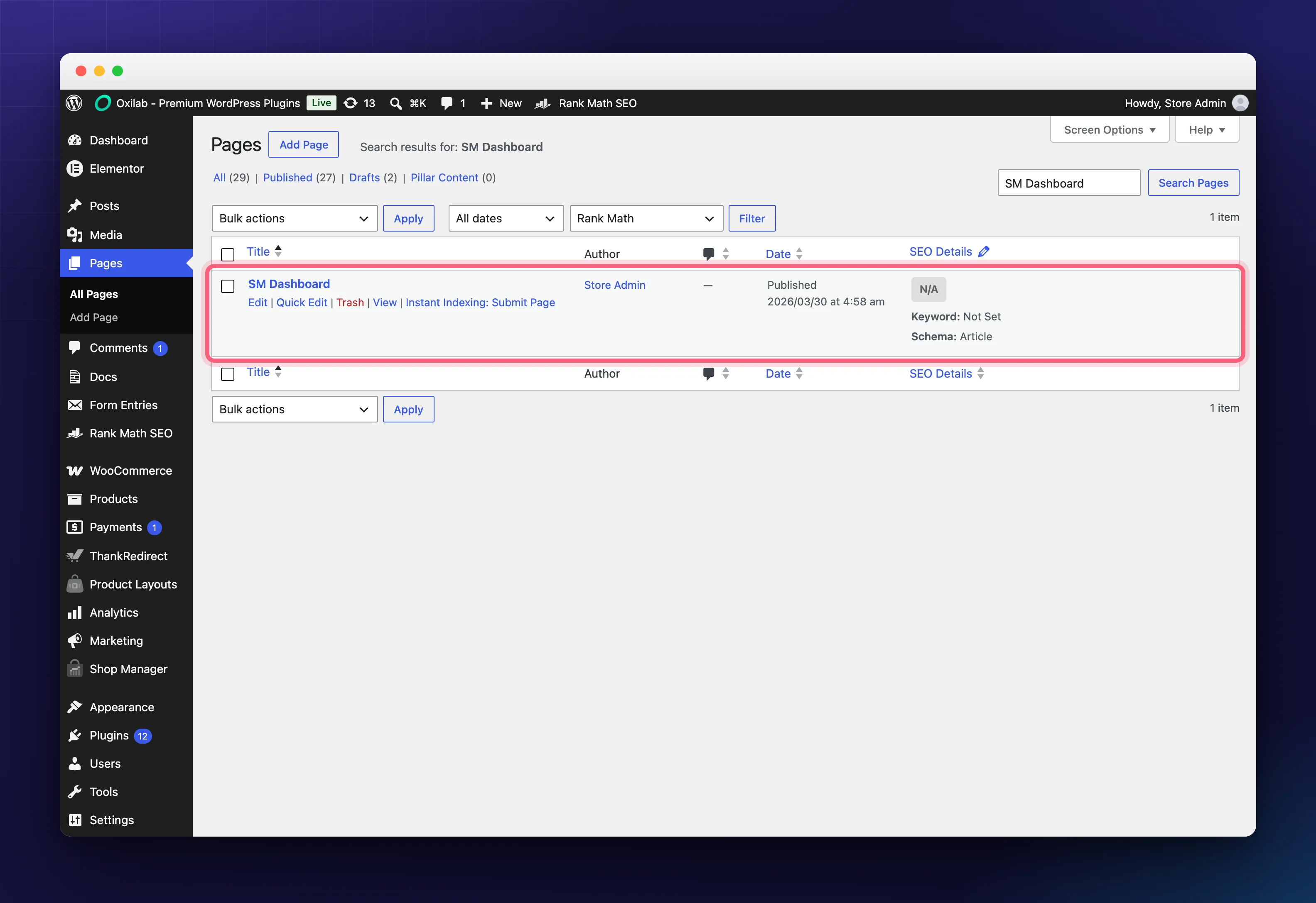 The SM Dashboard page listed under Pages in WordPress