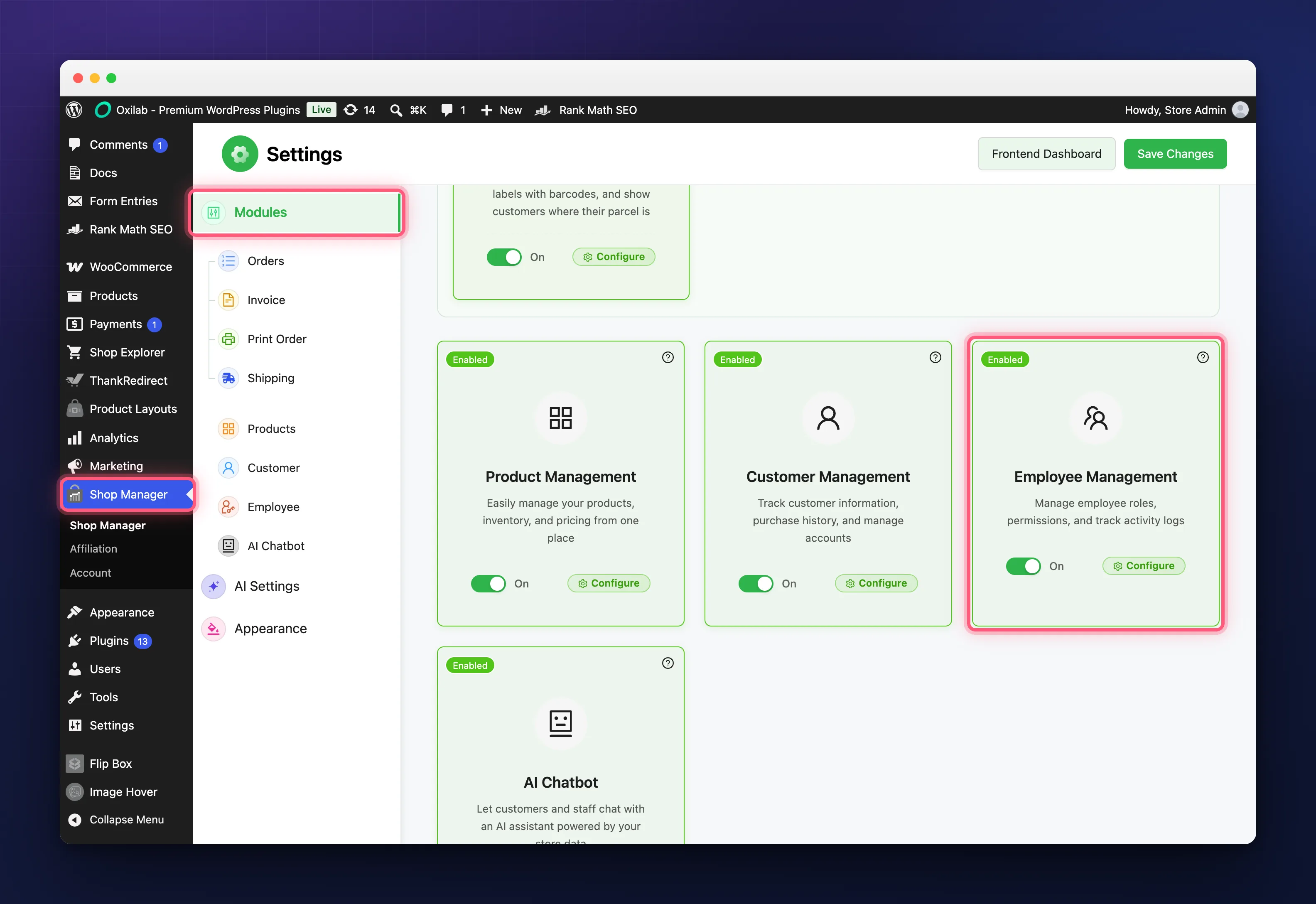 The Employee Management module card in the WooCommerce employee management settings