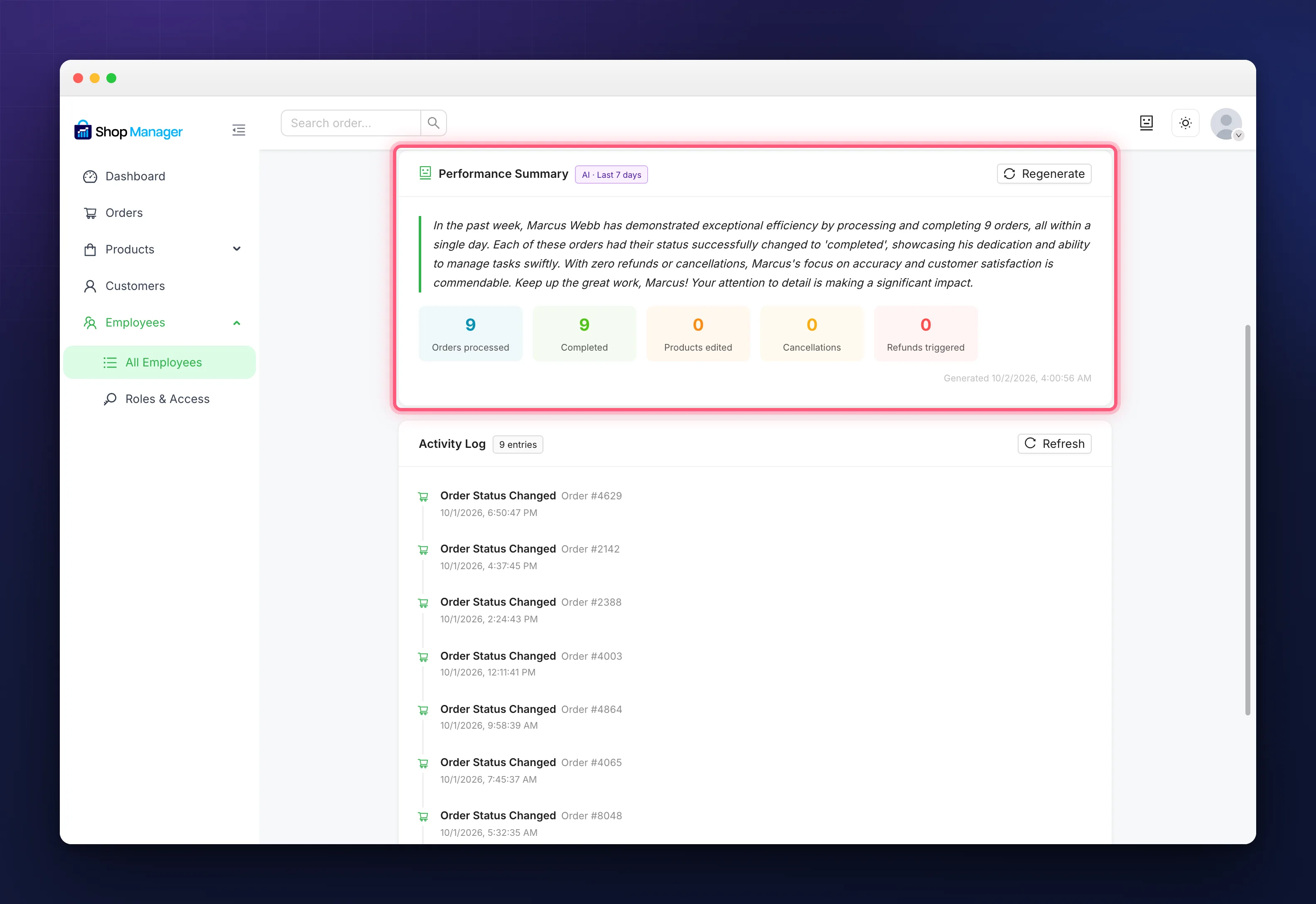 The AI performance summary panel with the seven day narrative and its five counts