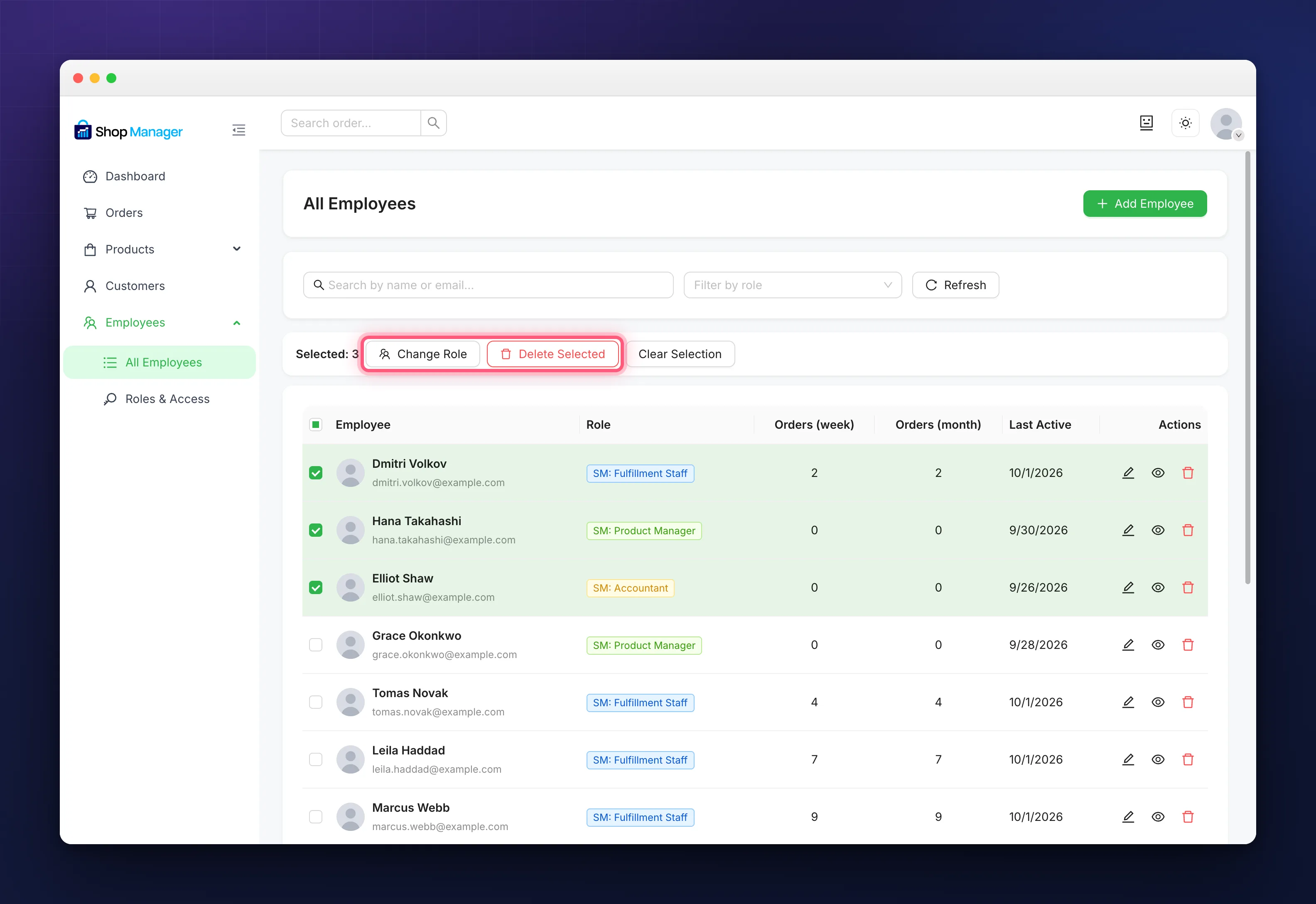 Several employees ticked, showing the bulk Change Role and Delete Selected buttons