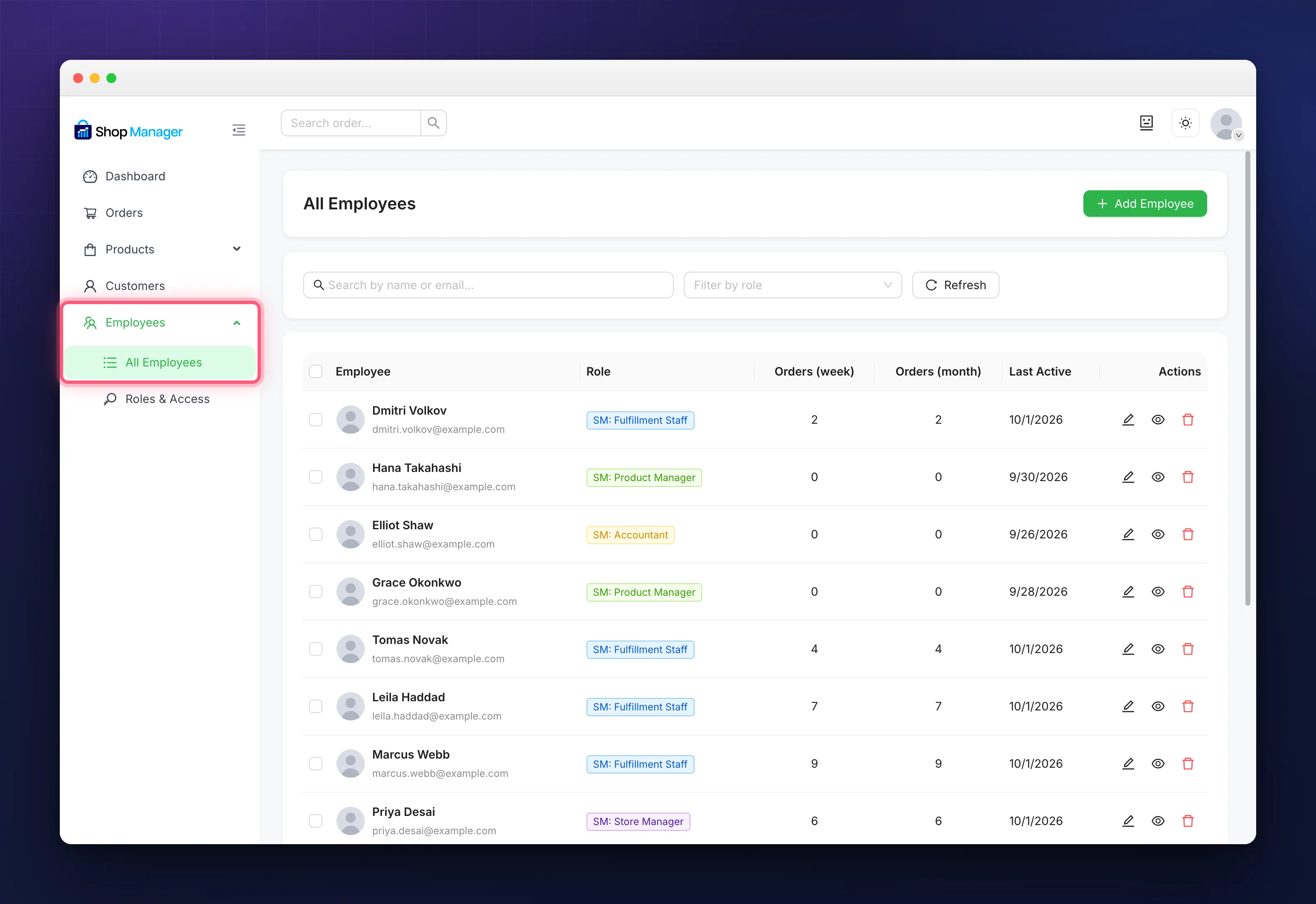 The employee list showing roles, orders processed per week and month, and last active