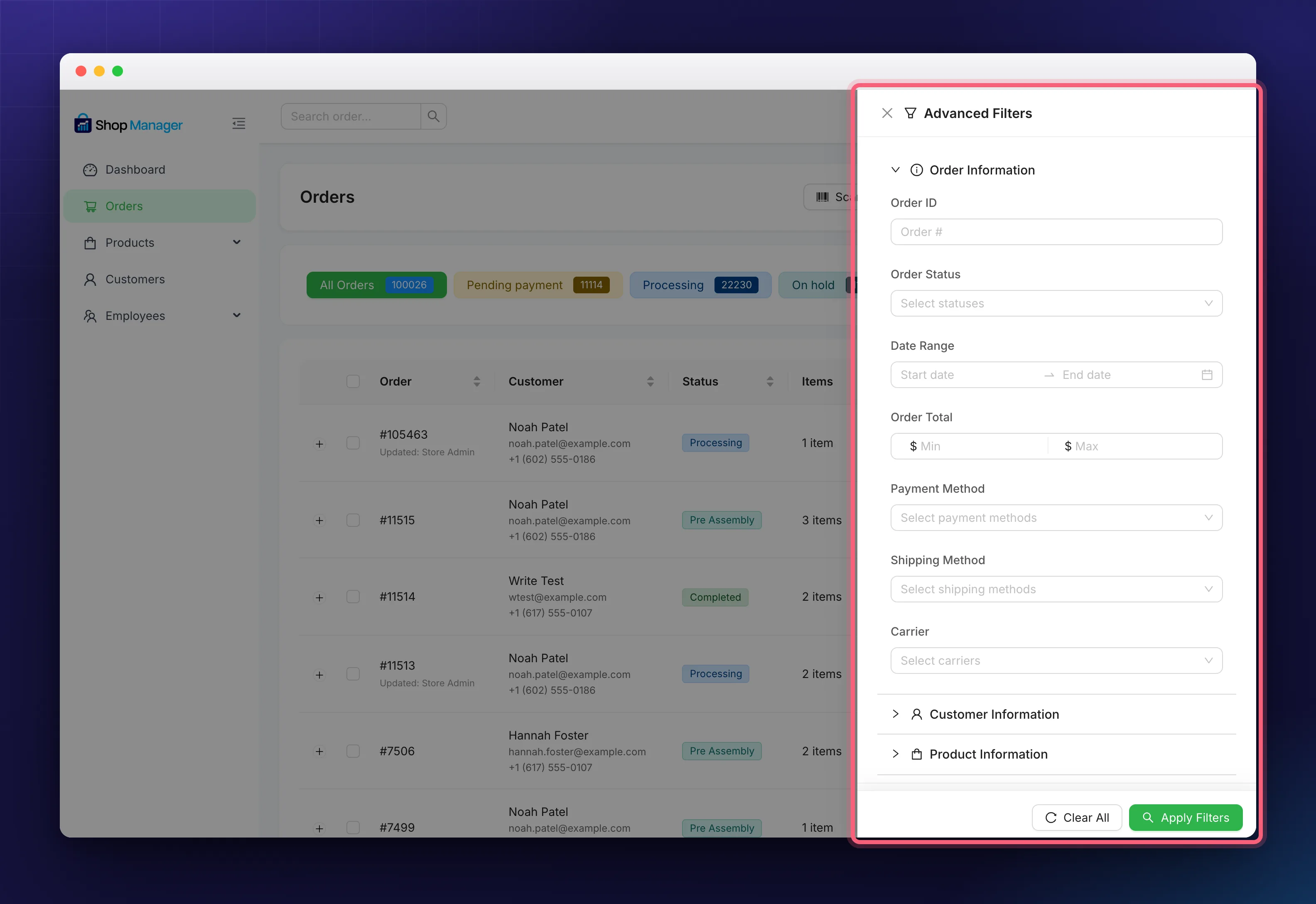 The Advanced Filters panel open beside the order list