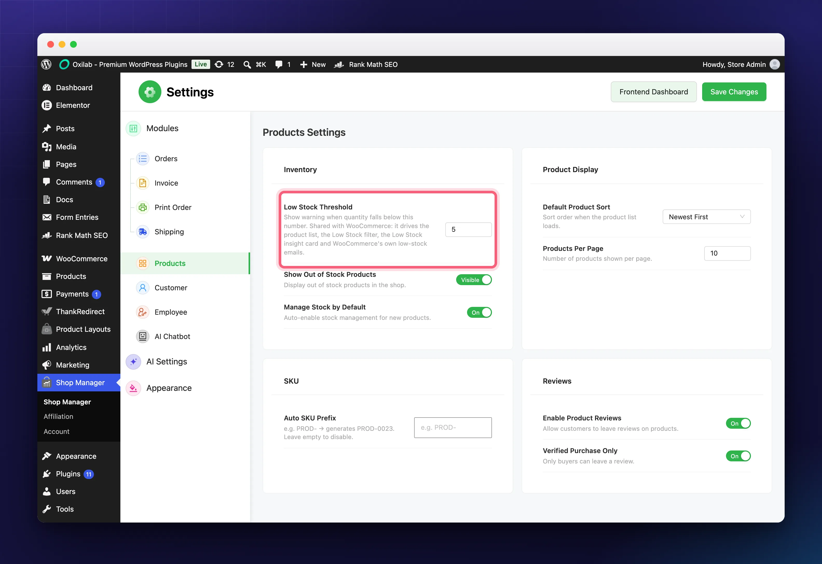 The Low Stock Threshold setting behind the Low Stock dashboard insight card