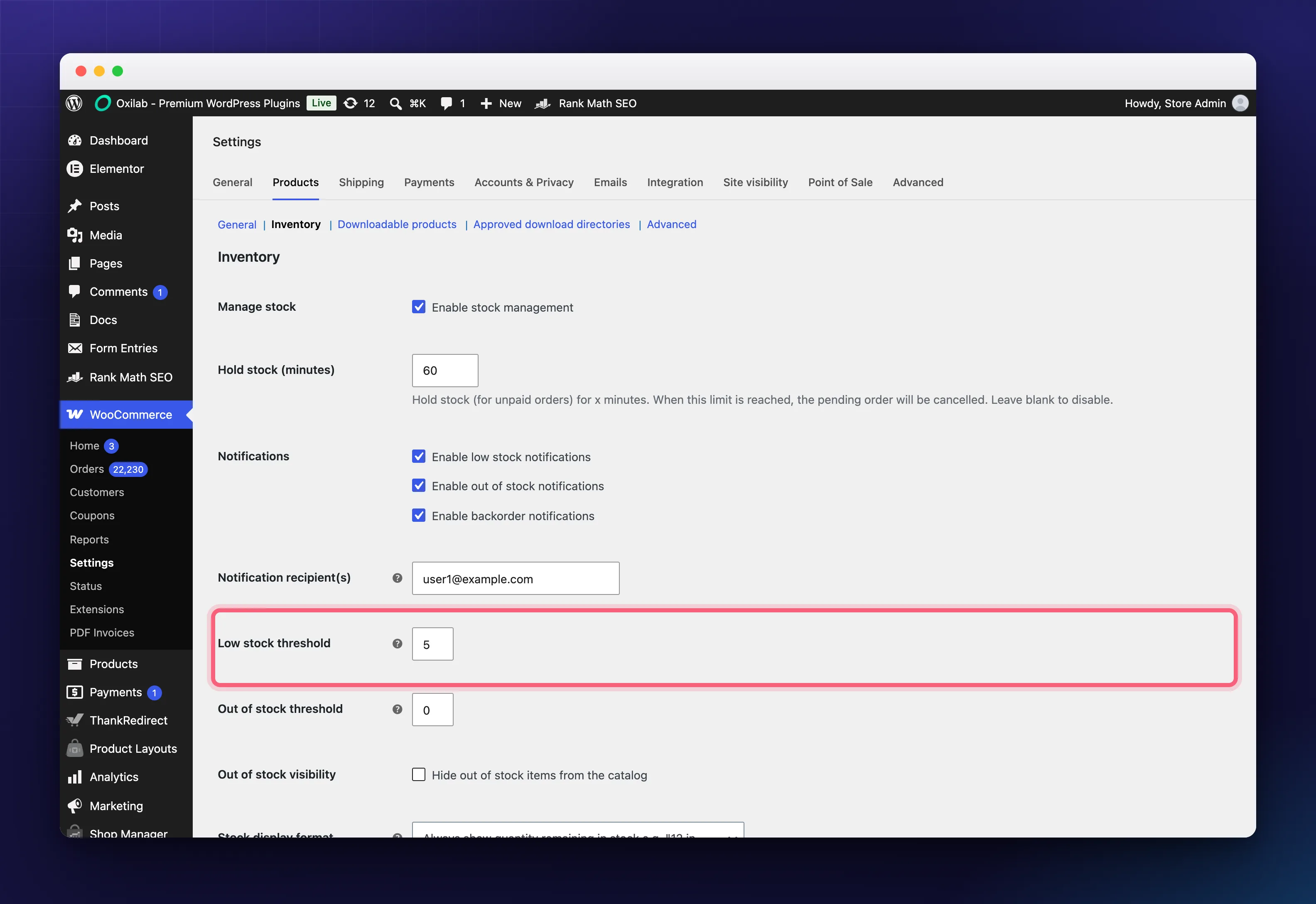 The matching WooCommerce low stock threshold field in WooCommerce inventory settings