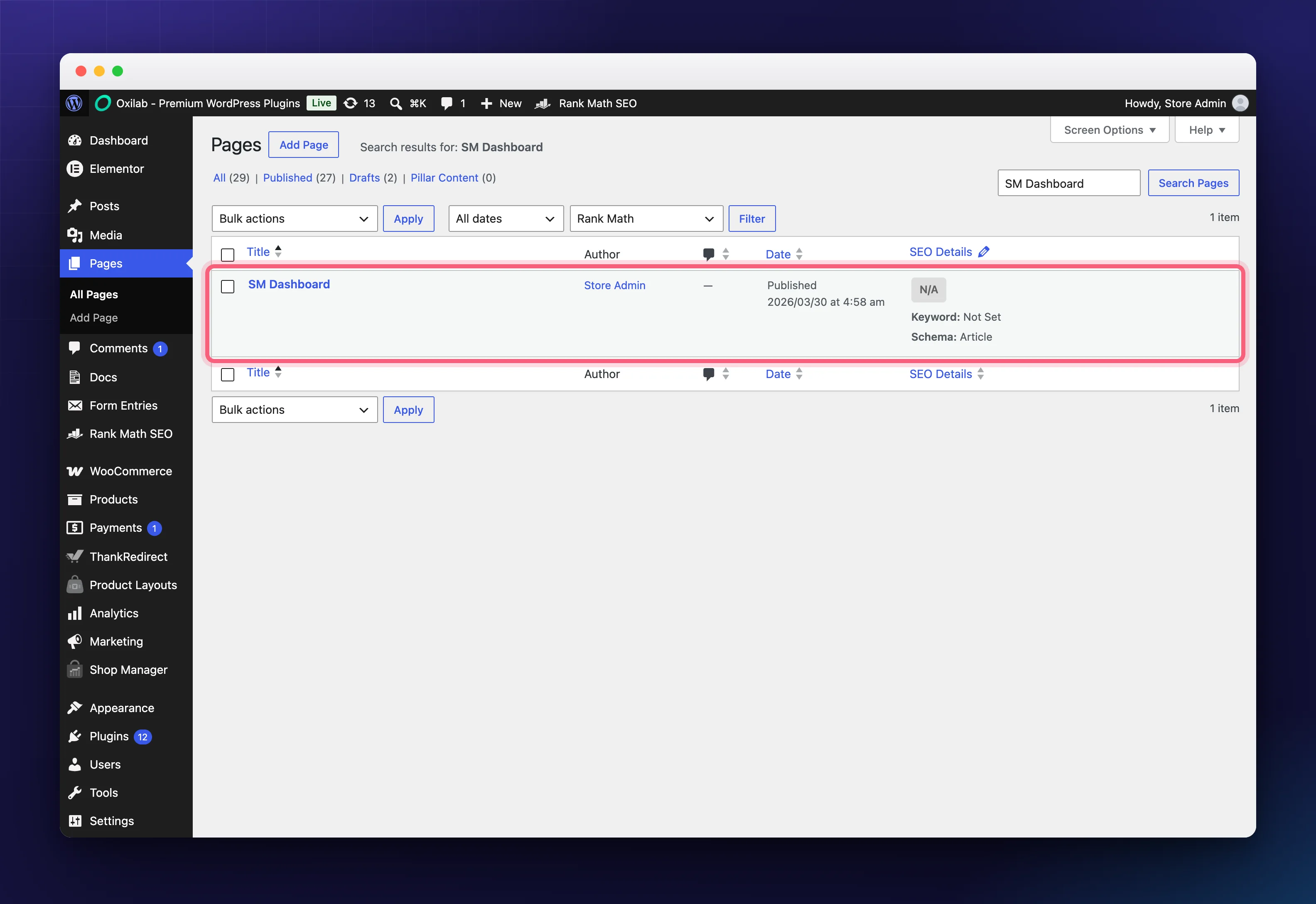 The SM Dashboard page created under Pages