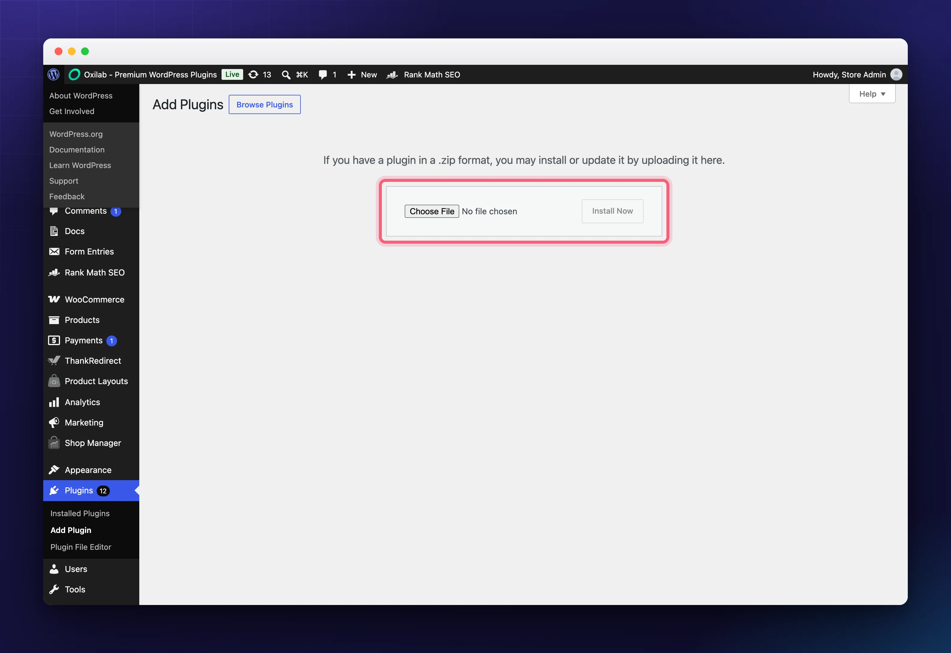 Uploading the Shop Manager plugin ZIP file in WordPress