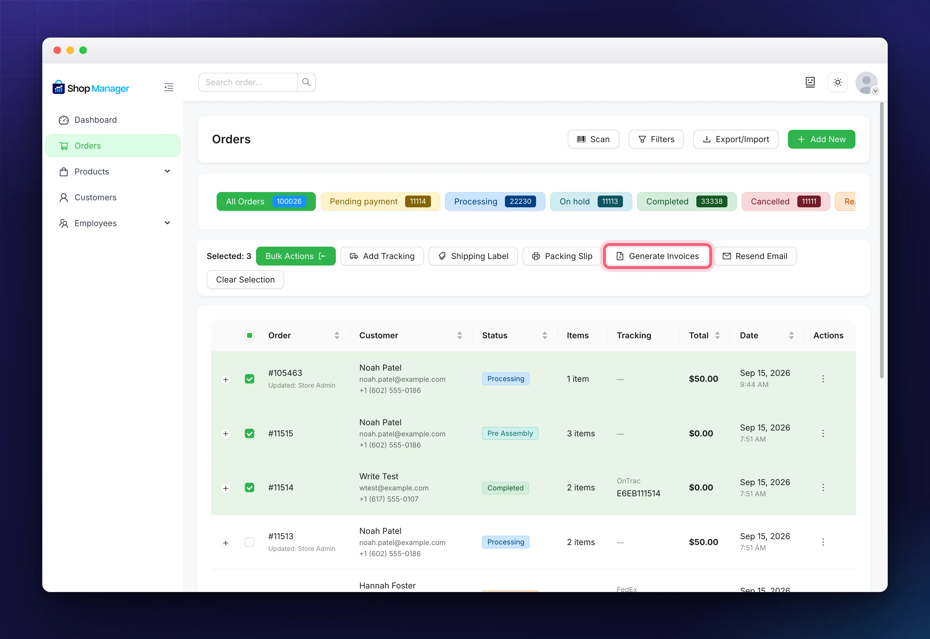 The Generate Invoices button in the bulk actions bar