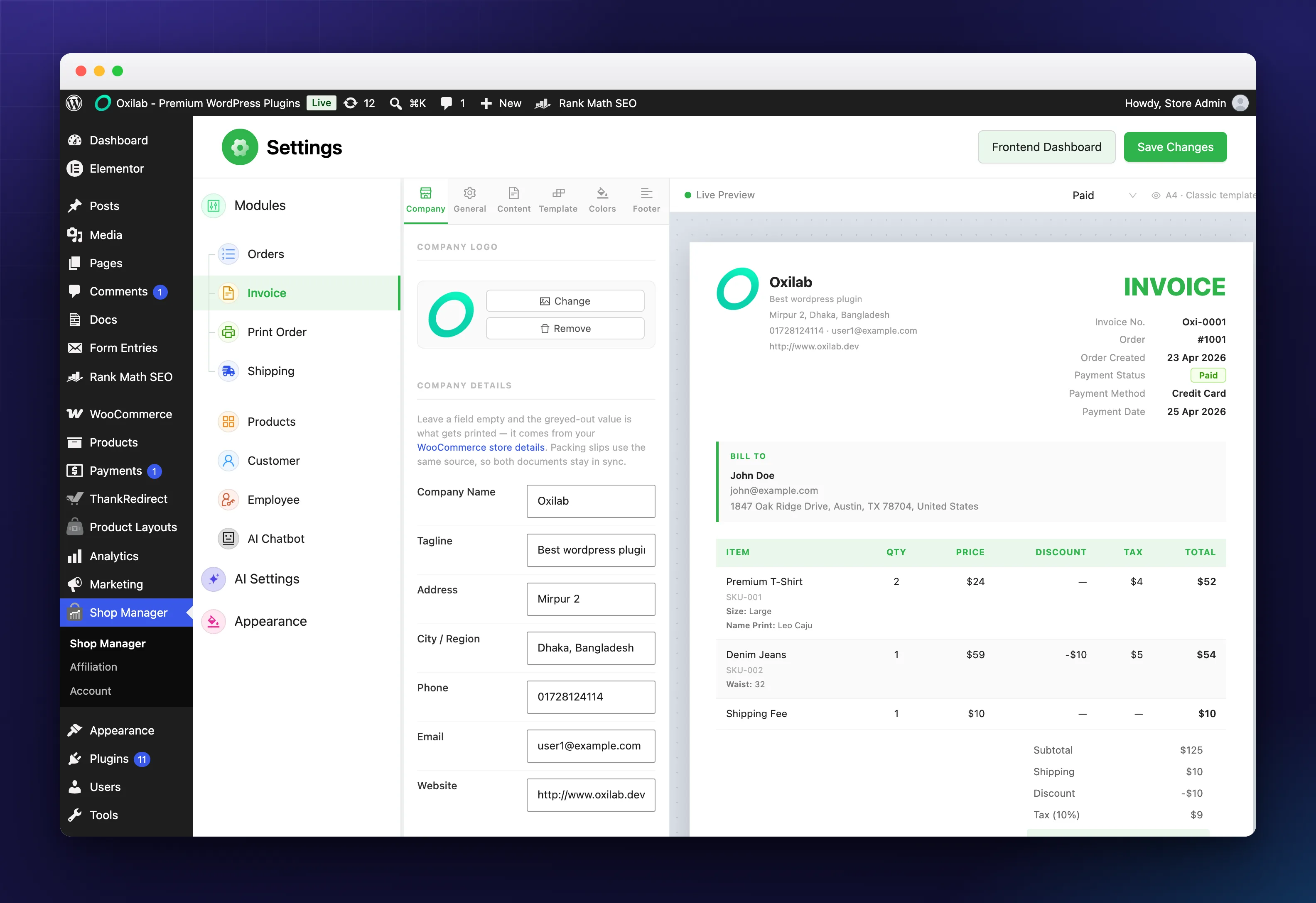The Shop Manager invoice settings with a live preview of the PDF