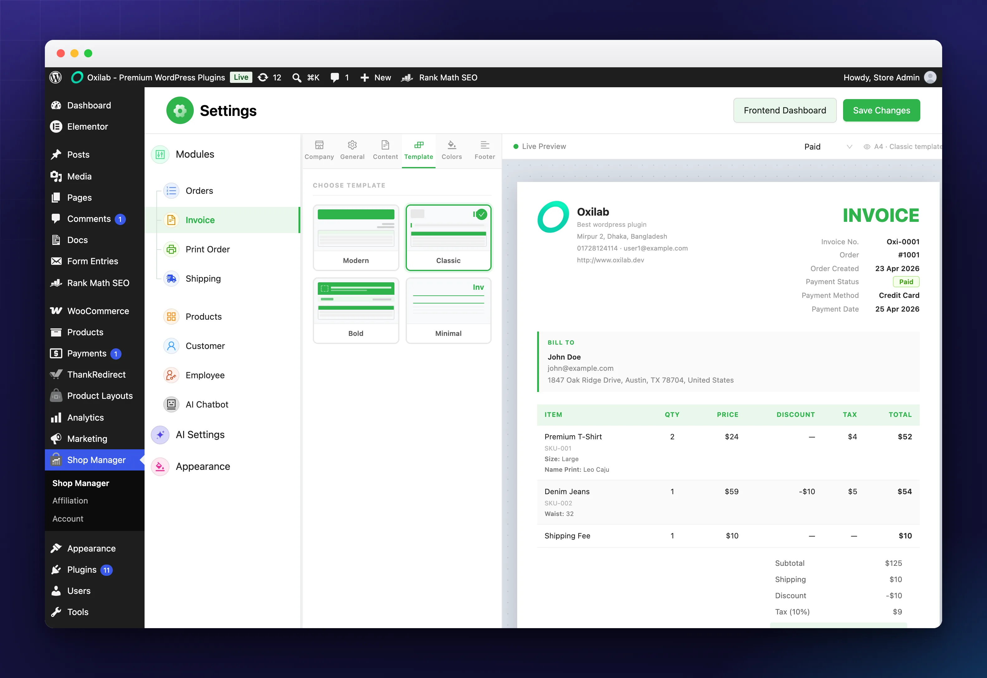 The four invoice templates: Modern, Classic, Bold and Minimal