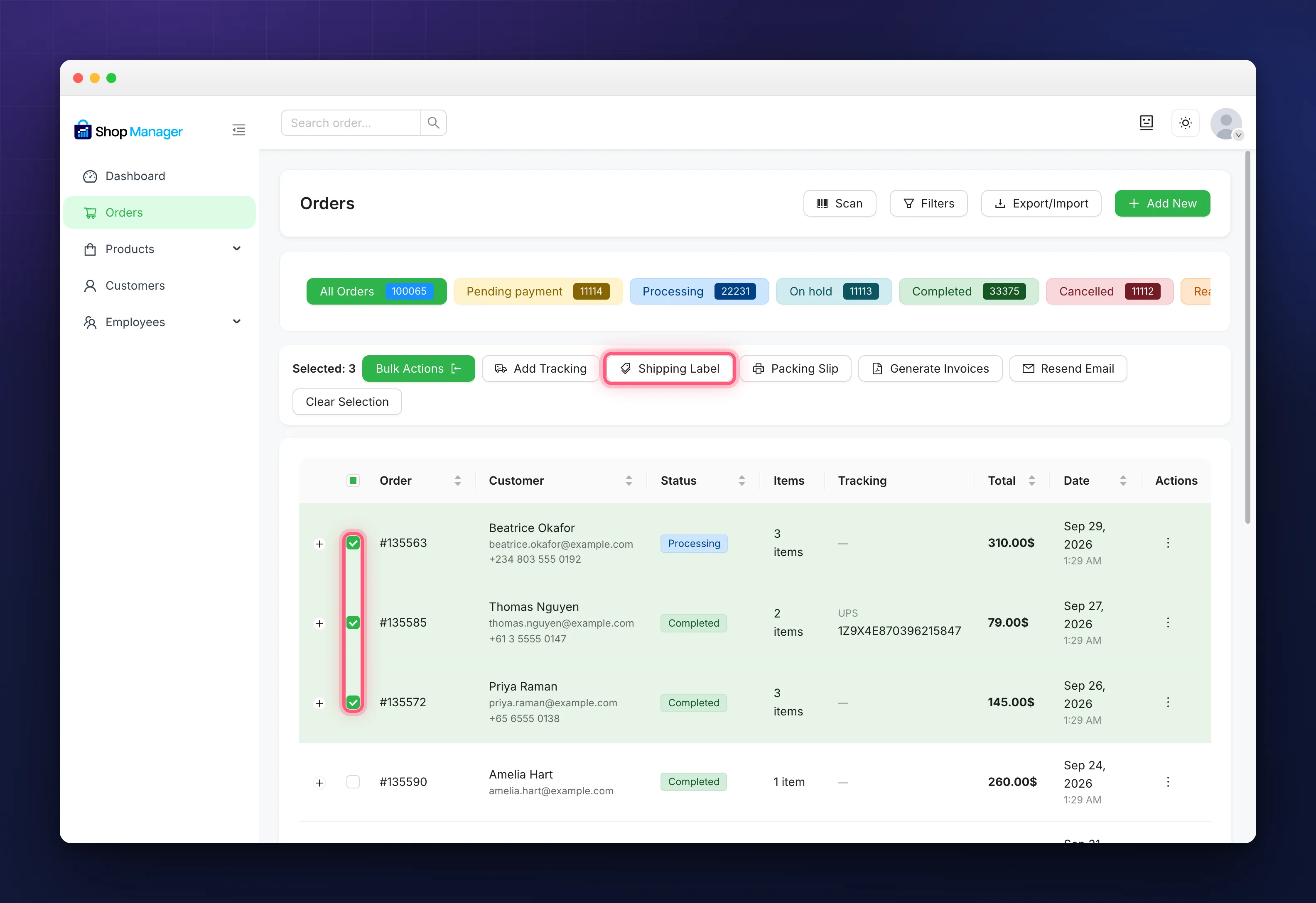 Print a WooCommerce shipping label for several selected orders at once
