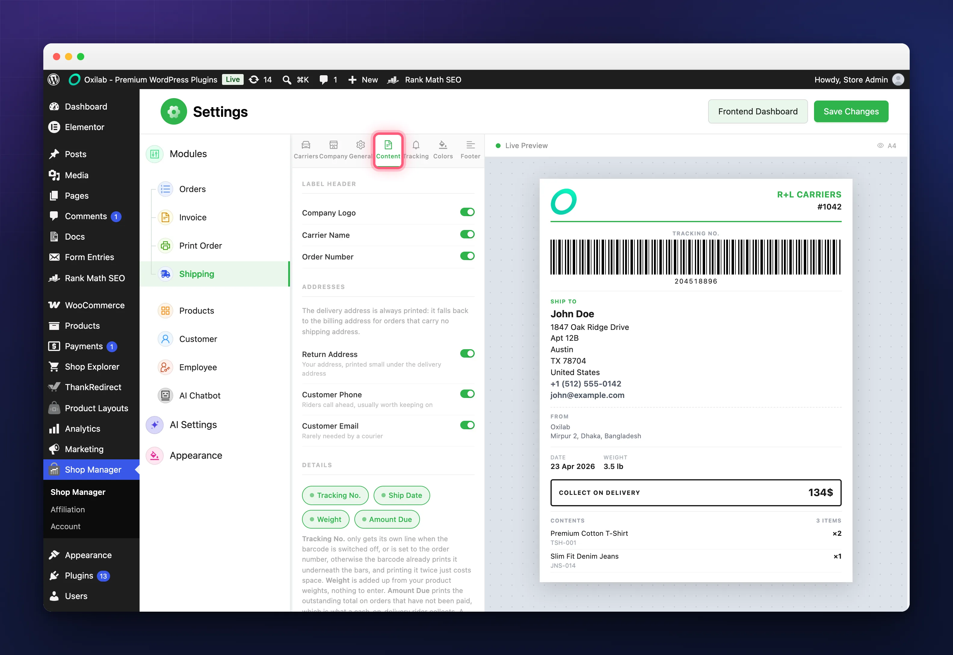 Content tab for choosing what prints on the WooCommerce shipping label